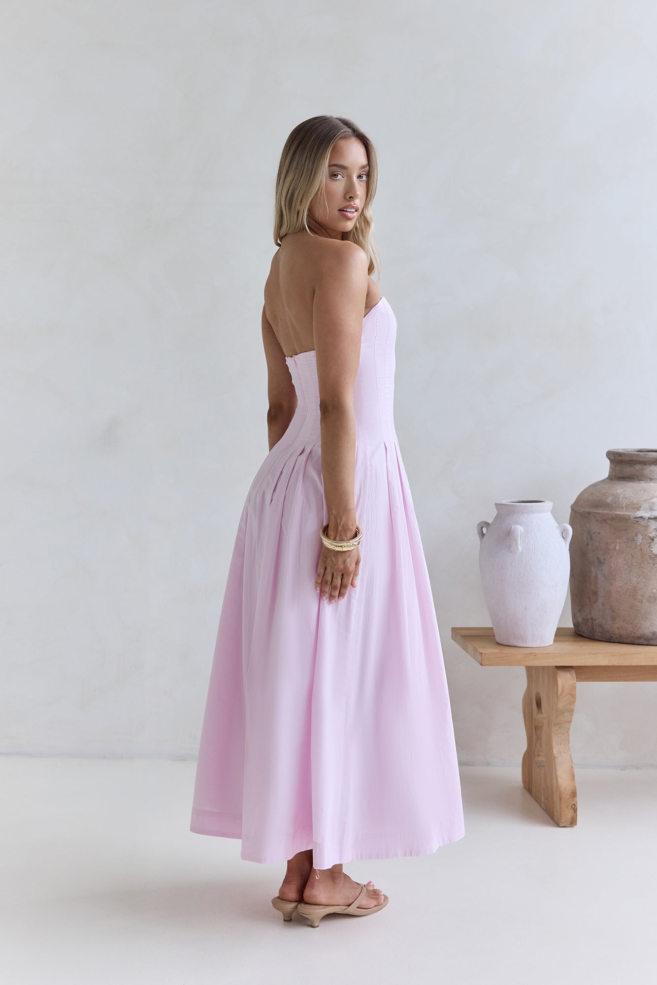 Sunshine Serenity Strapless Midi Dress Pink