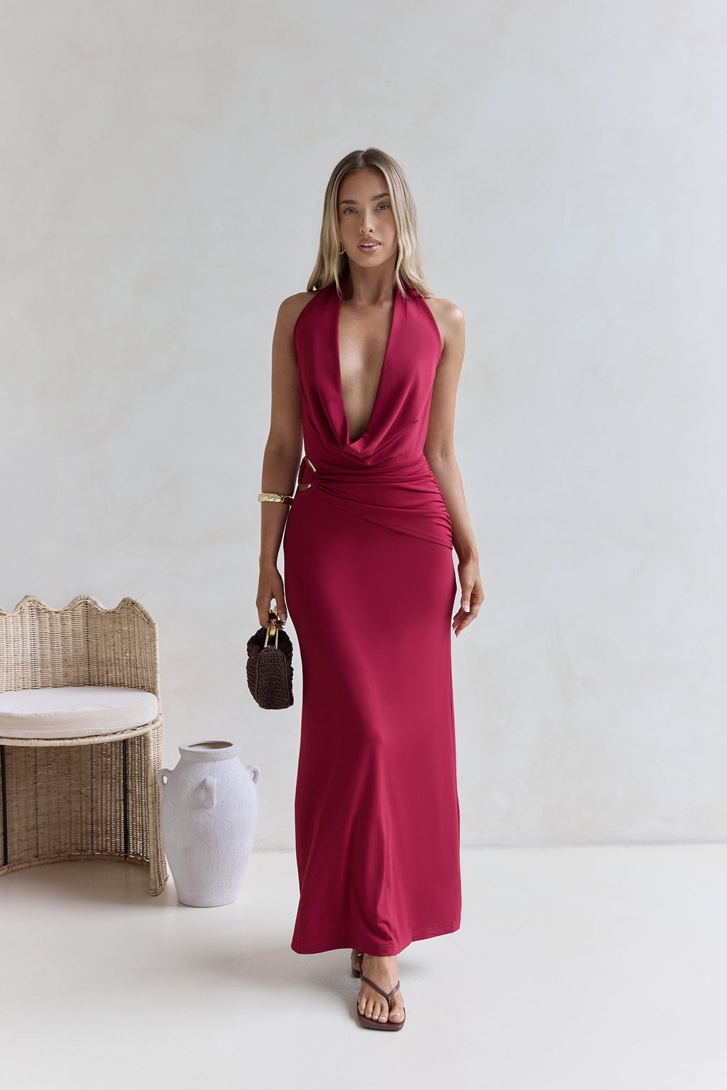 Kiss Journeys Halter Maxi Dress Burgundy