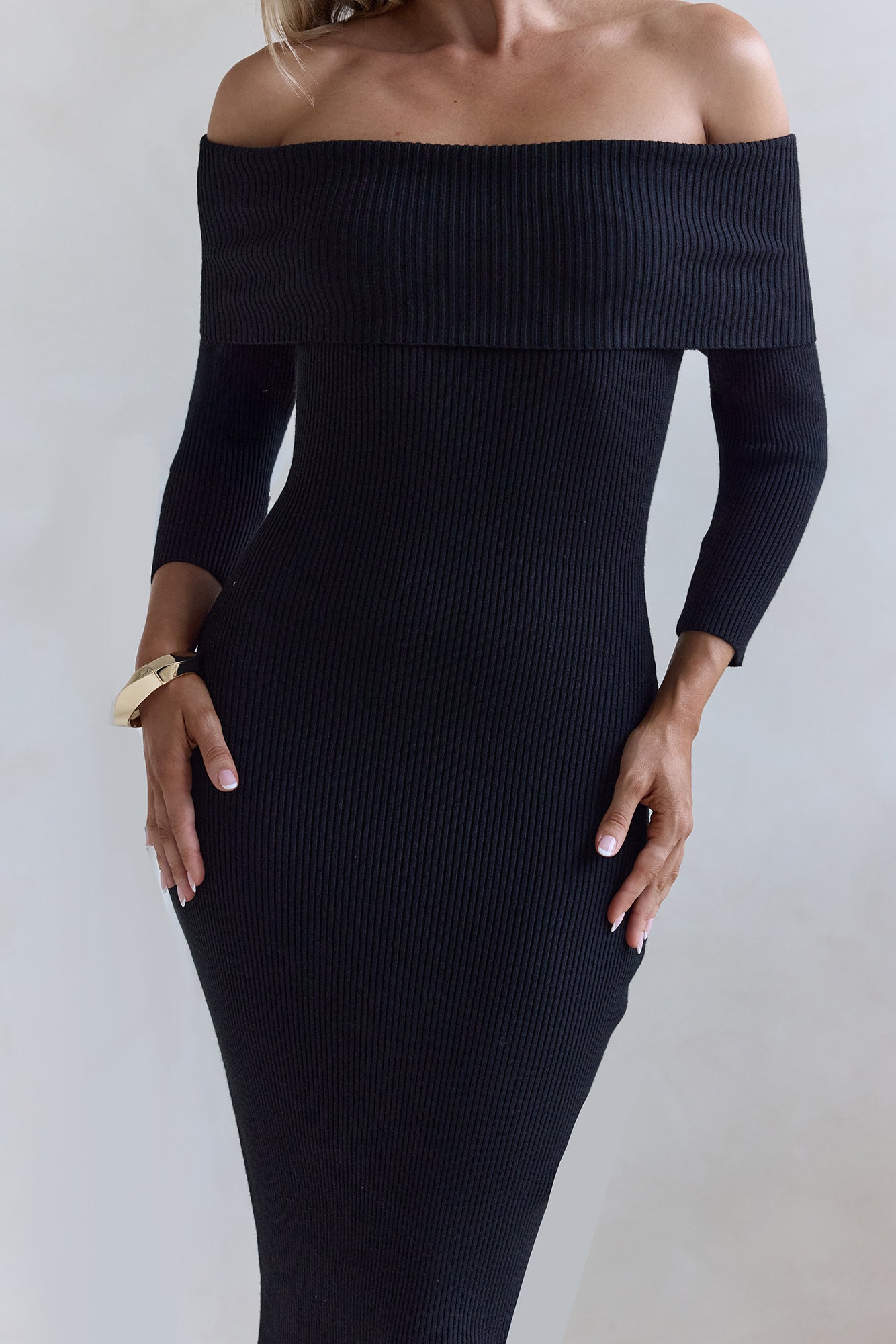 Chilled Luxe Off Shoulder Knit Maxi Dress Black