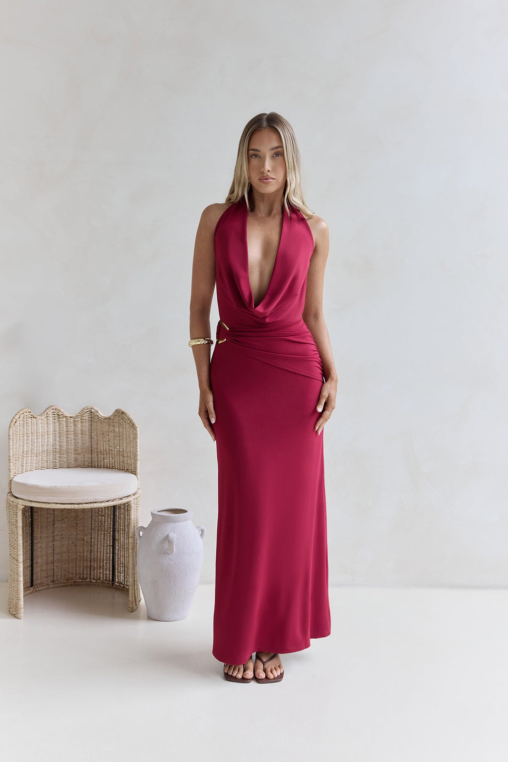 Kiss Journeys Halter Maxi Dress Burgundy