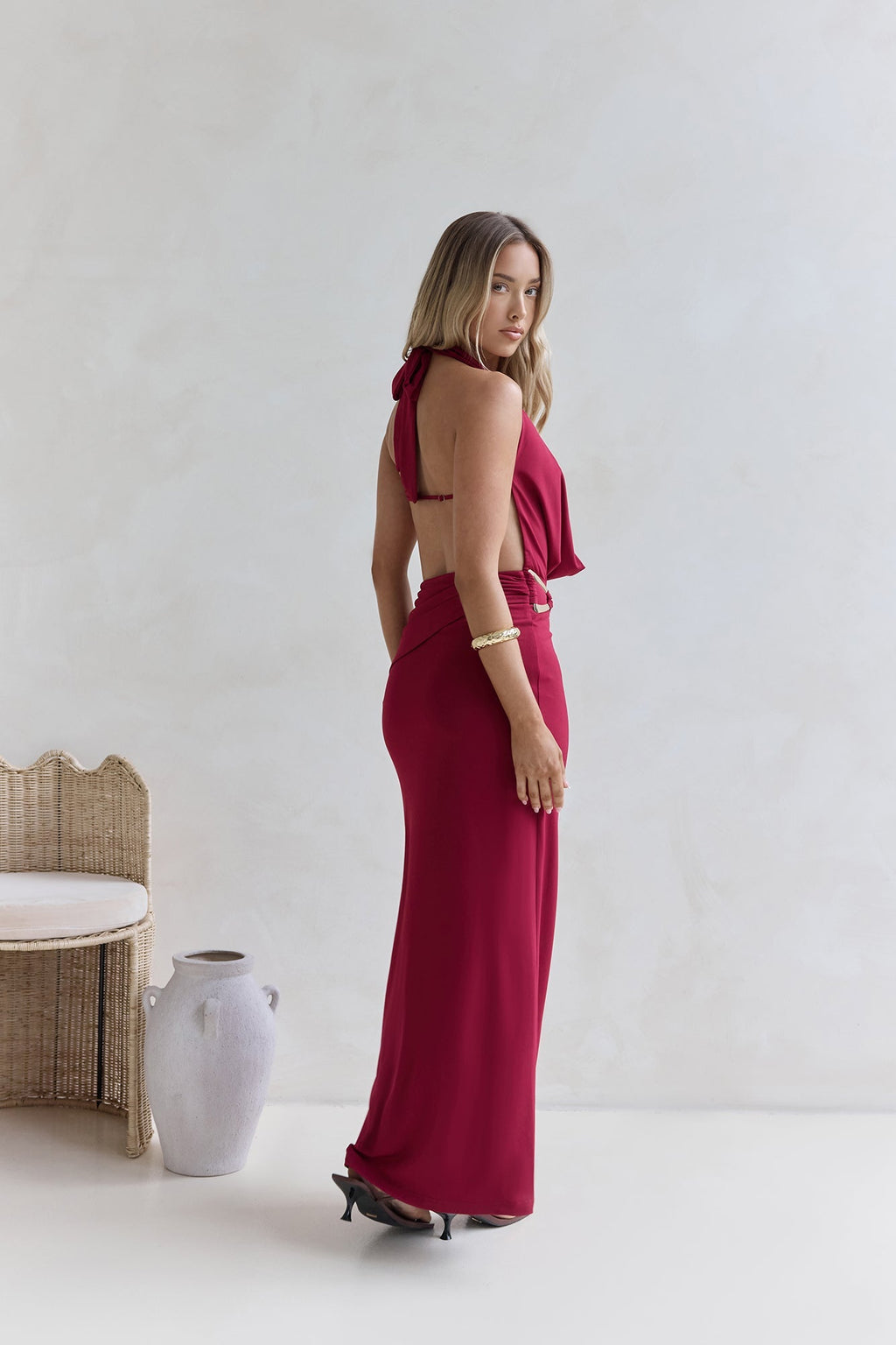 Kiss Journeys Halter Maxi Dress Burgundy