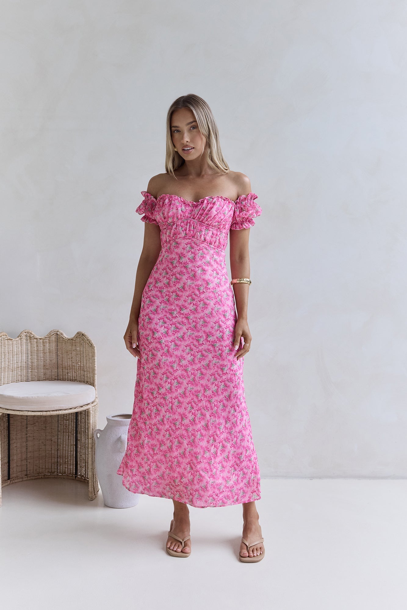 Kissed By The Sun Off Shoulder Maxi Dress Pink