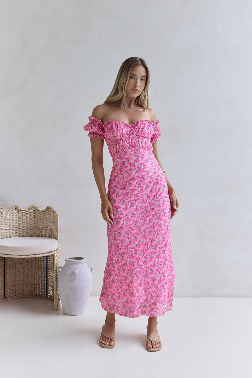 Kissed By The Sun Off Shoulder Maxi Dress Pink