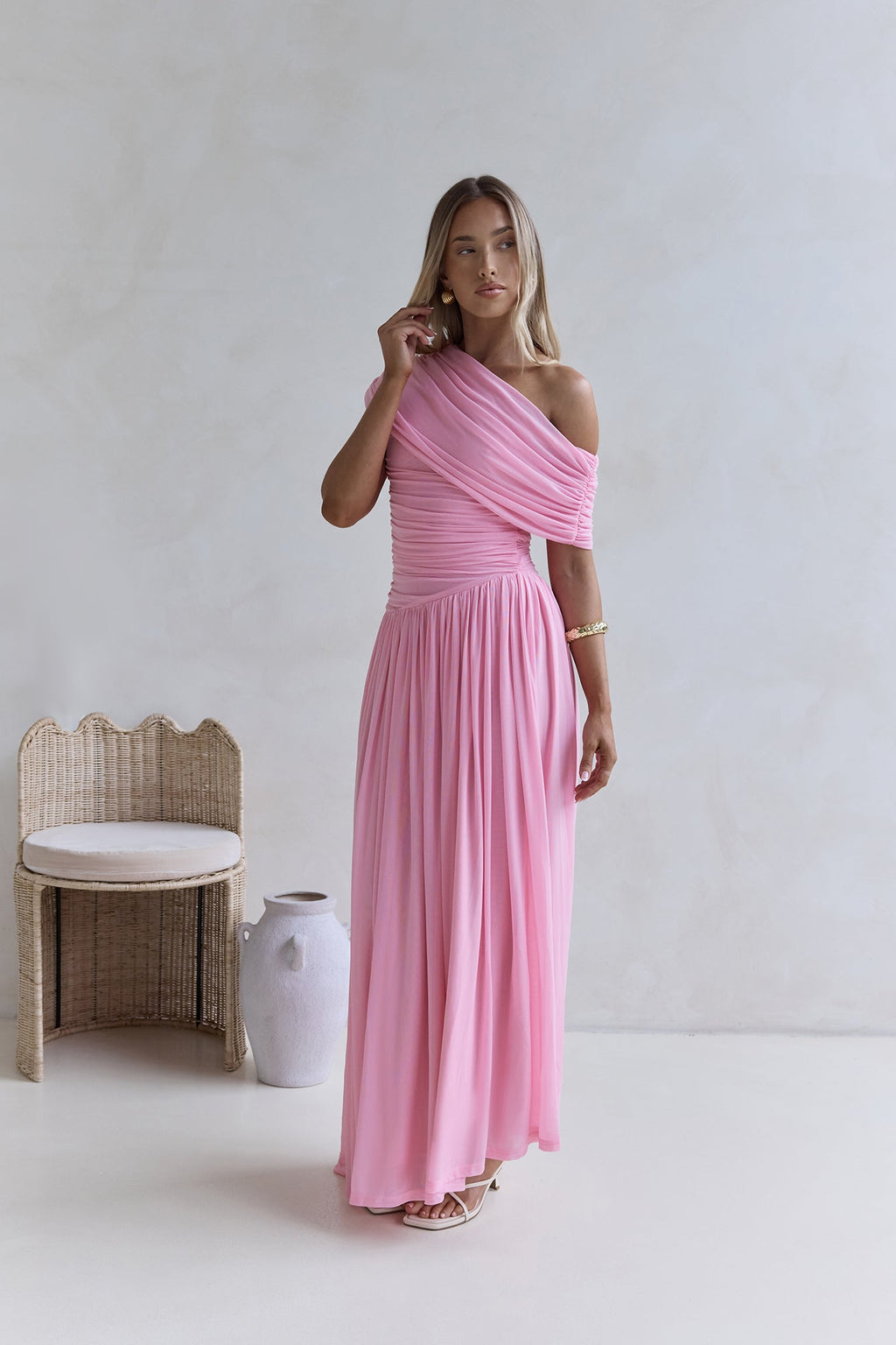 Hidden Flair One Shoulder Mesh Maxi Dress Pink