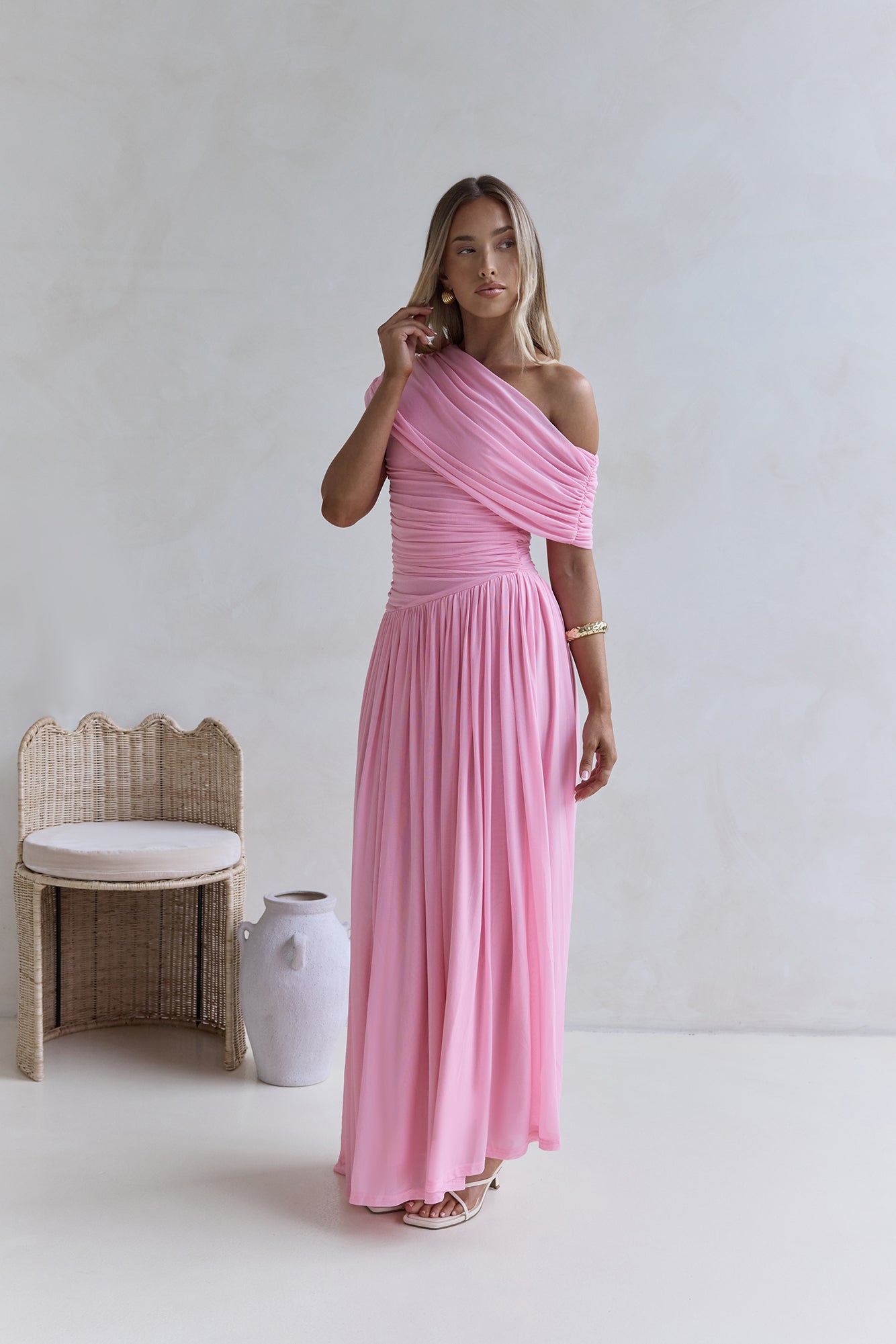 Hidden Flair One Shoulder Mesh Maxi Dress Pink