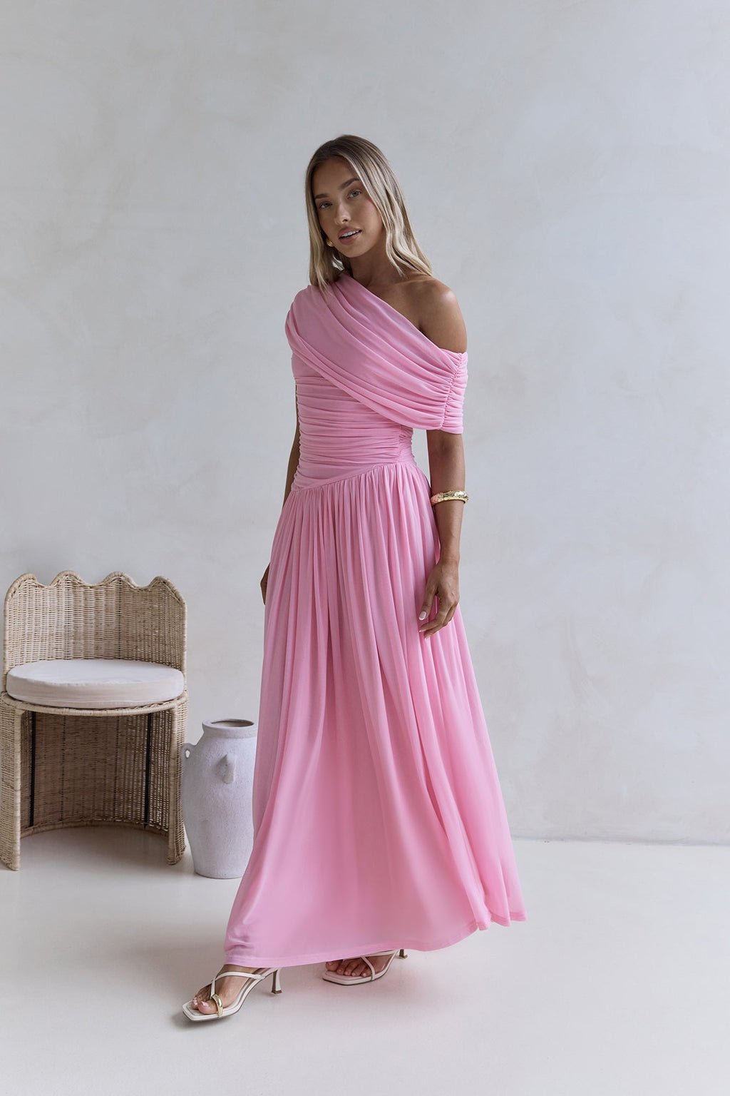 Hidden Flair One Shoulder Mesh Maxi Dress Pink