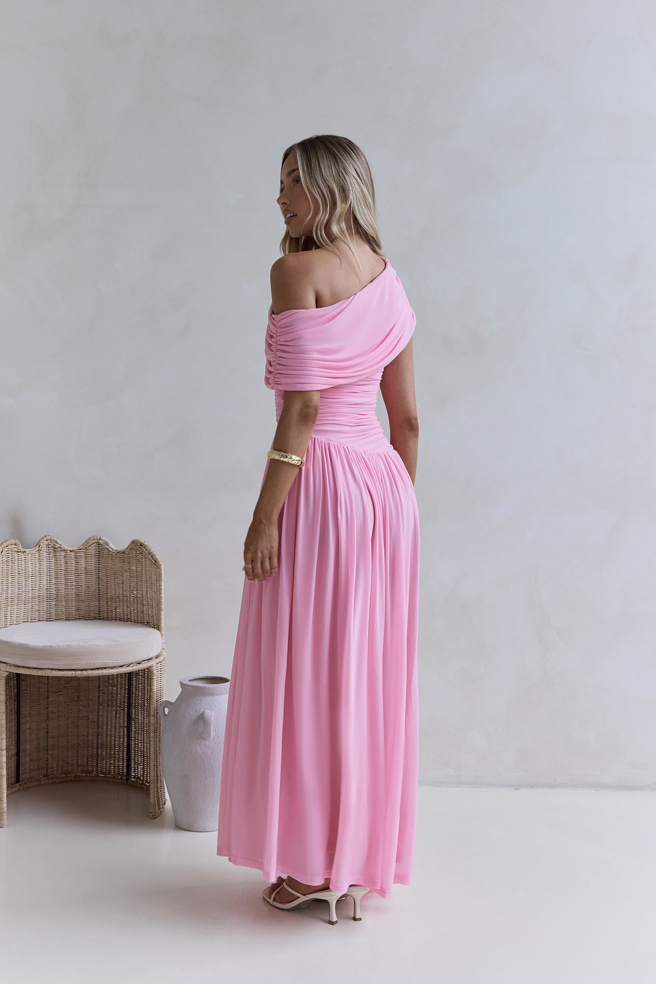 Hidden Flair One Shoulder Mesh Maxi Dress Pink