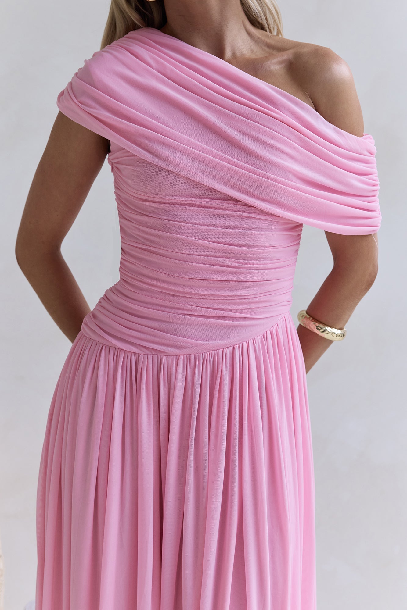 Hidden Flair One Shoulder Mesh Maxi Dress Pink