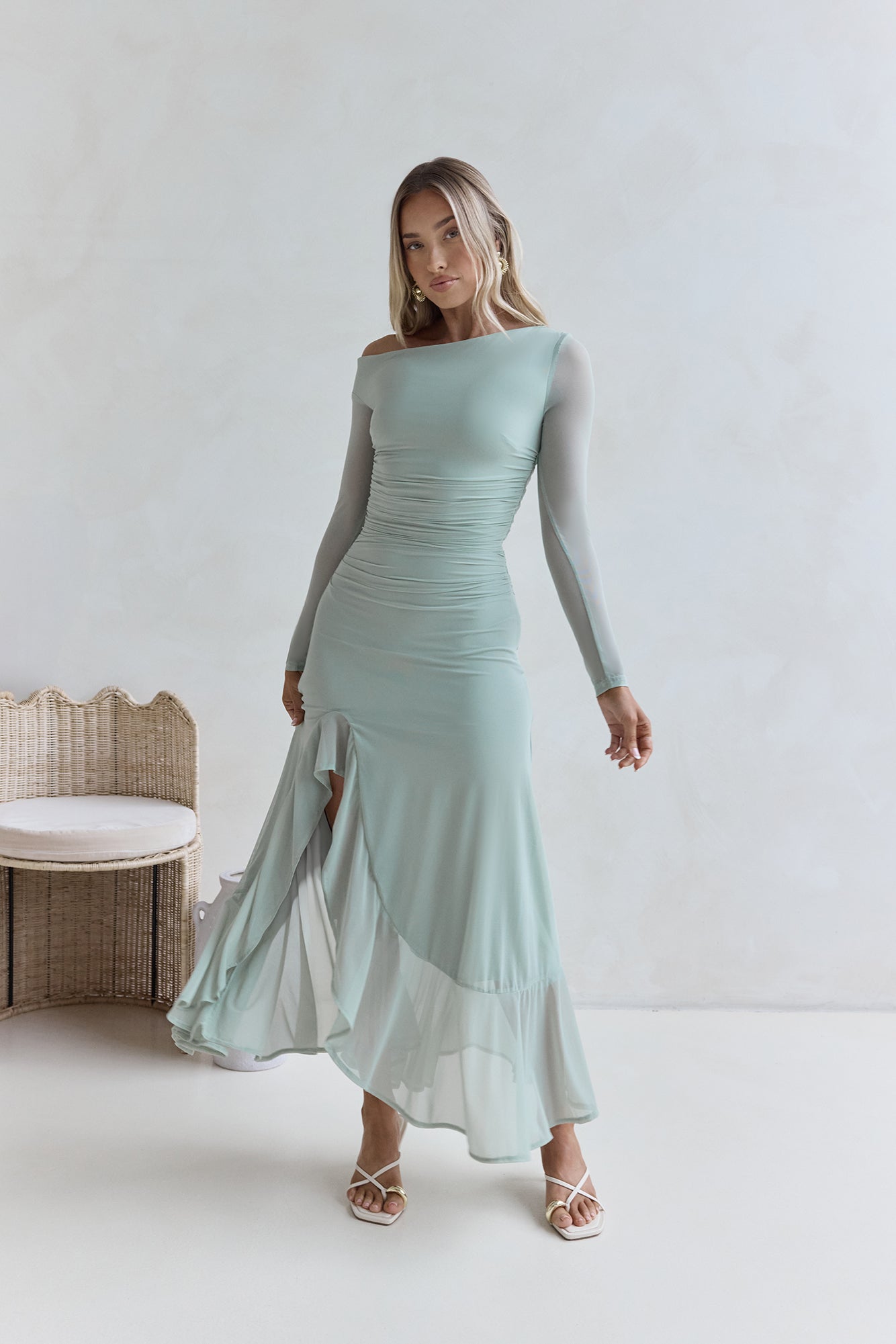 Whispered Secrets Mesh Long Sleeve Maxi Dress Sage