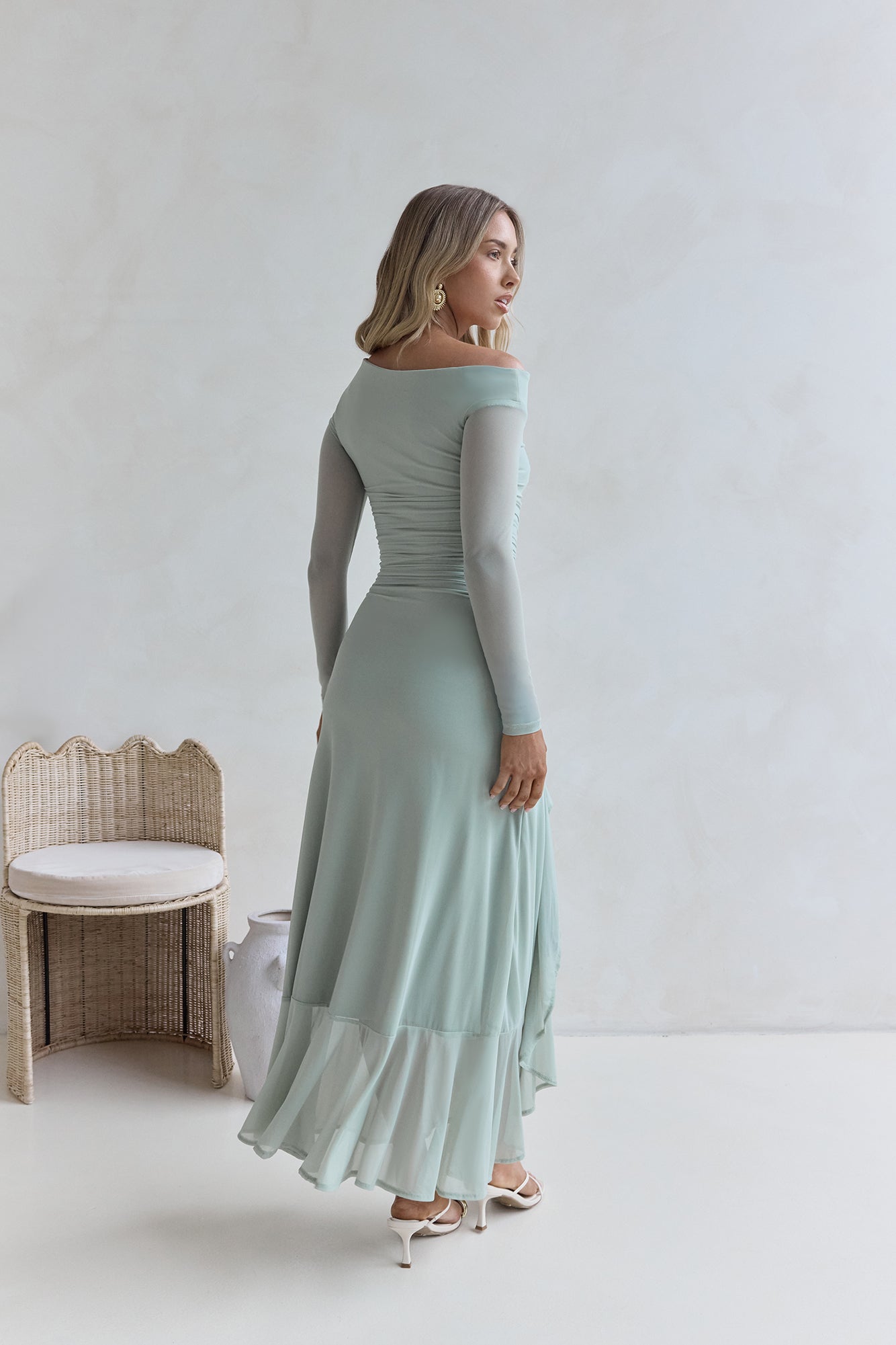 Whispered Secrets Mesh Long Sleeve Maxi Dress Sage