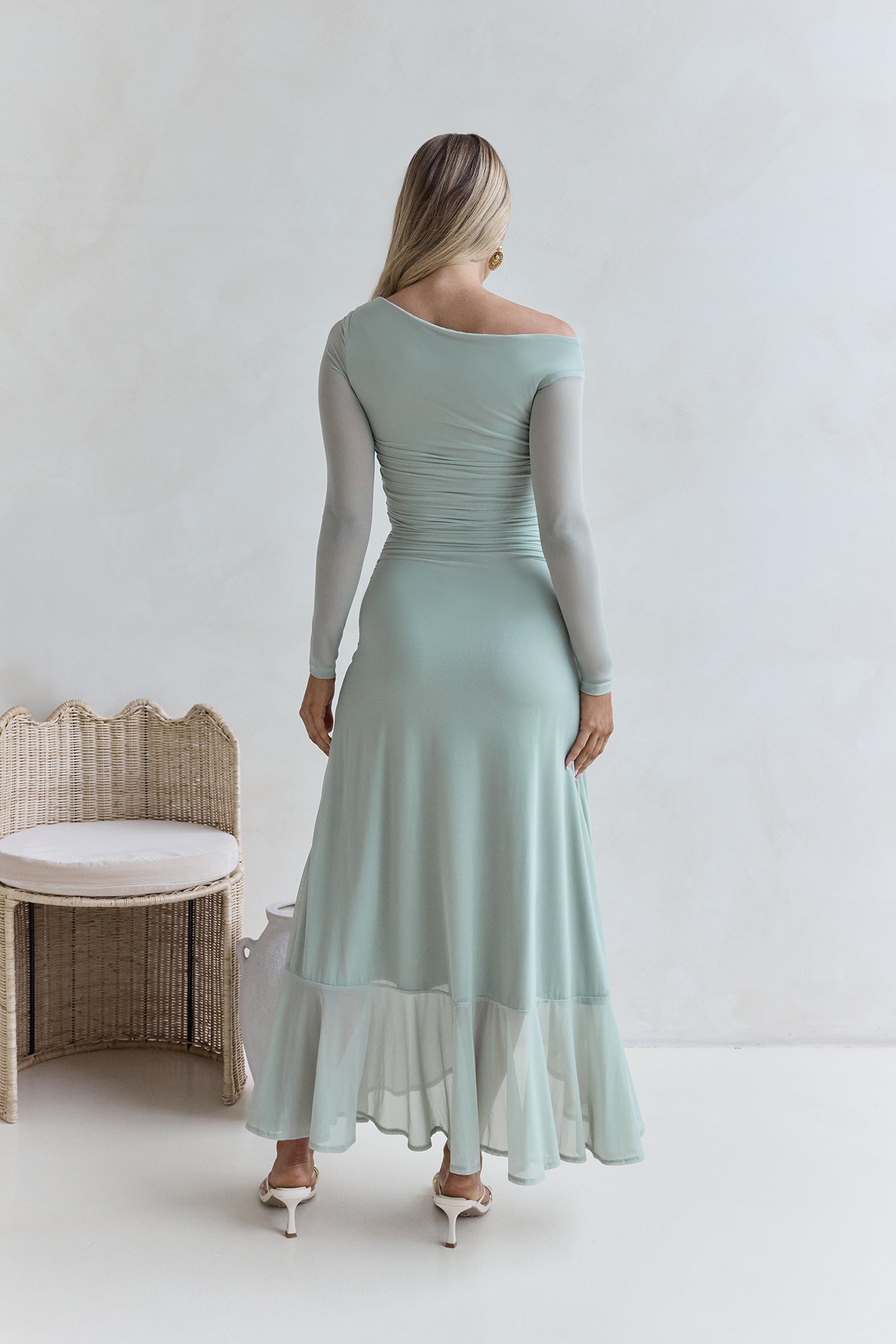 Whispered Secrets Mesh Long Sleeve Maxi Dress Sage