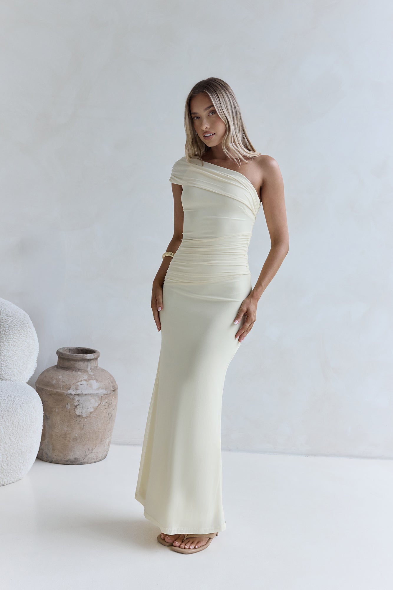 Kiss The Moon One Shoulder Mesh Maxi Dress Lemon