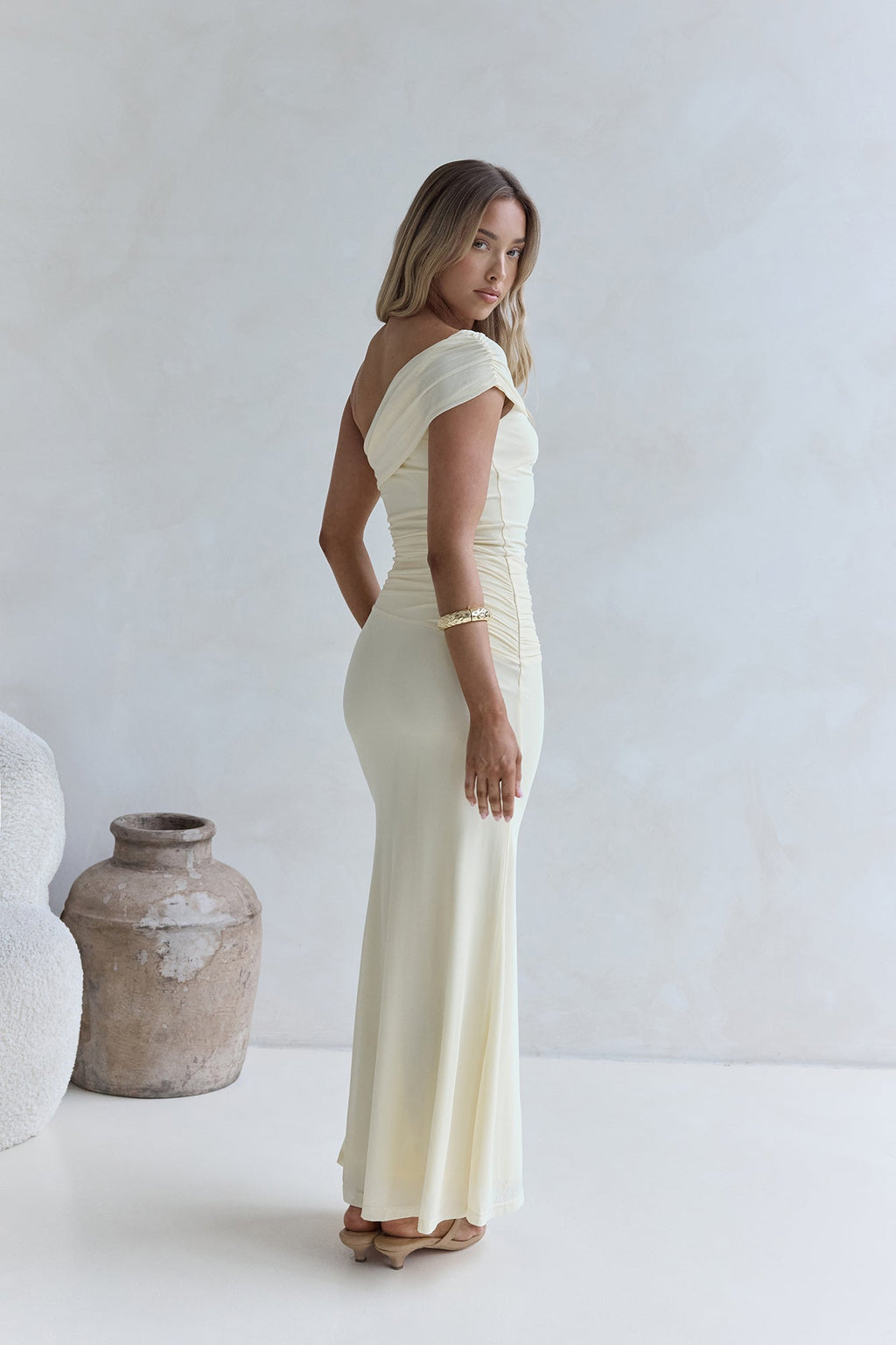 Kiss The Moon One Shoulder Mesh Maxi Dress Lemon