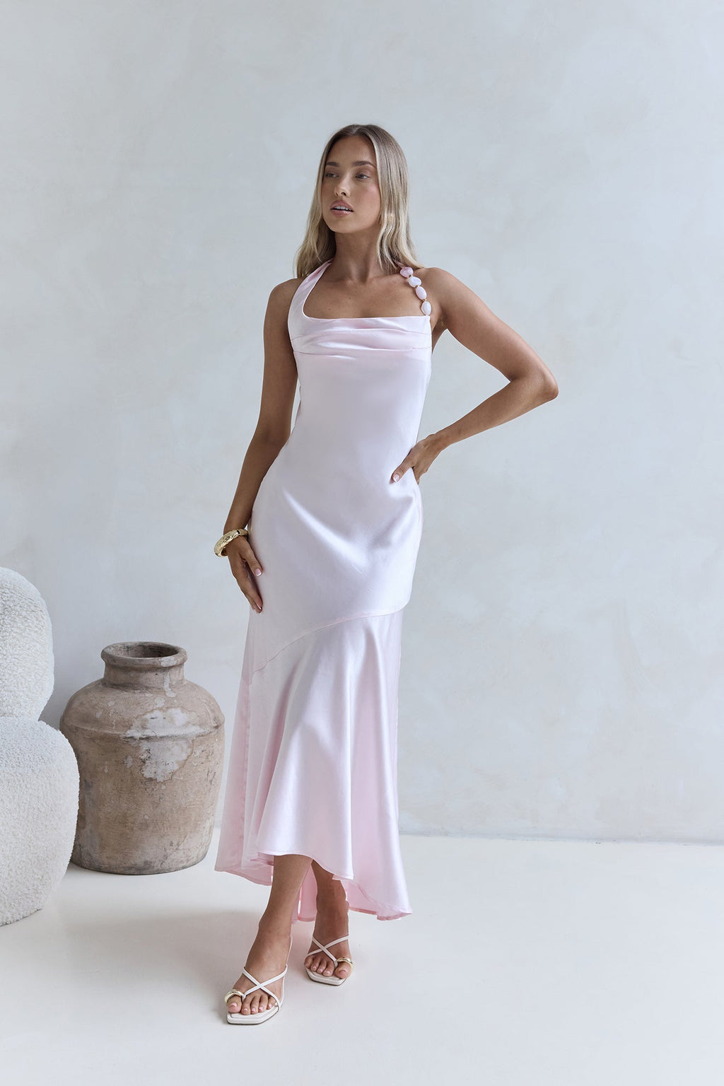 Lucky In Life Satin Halter Maxi Dress Pink