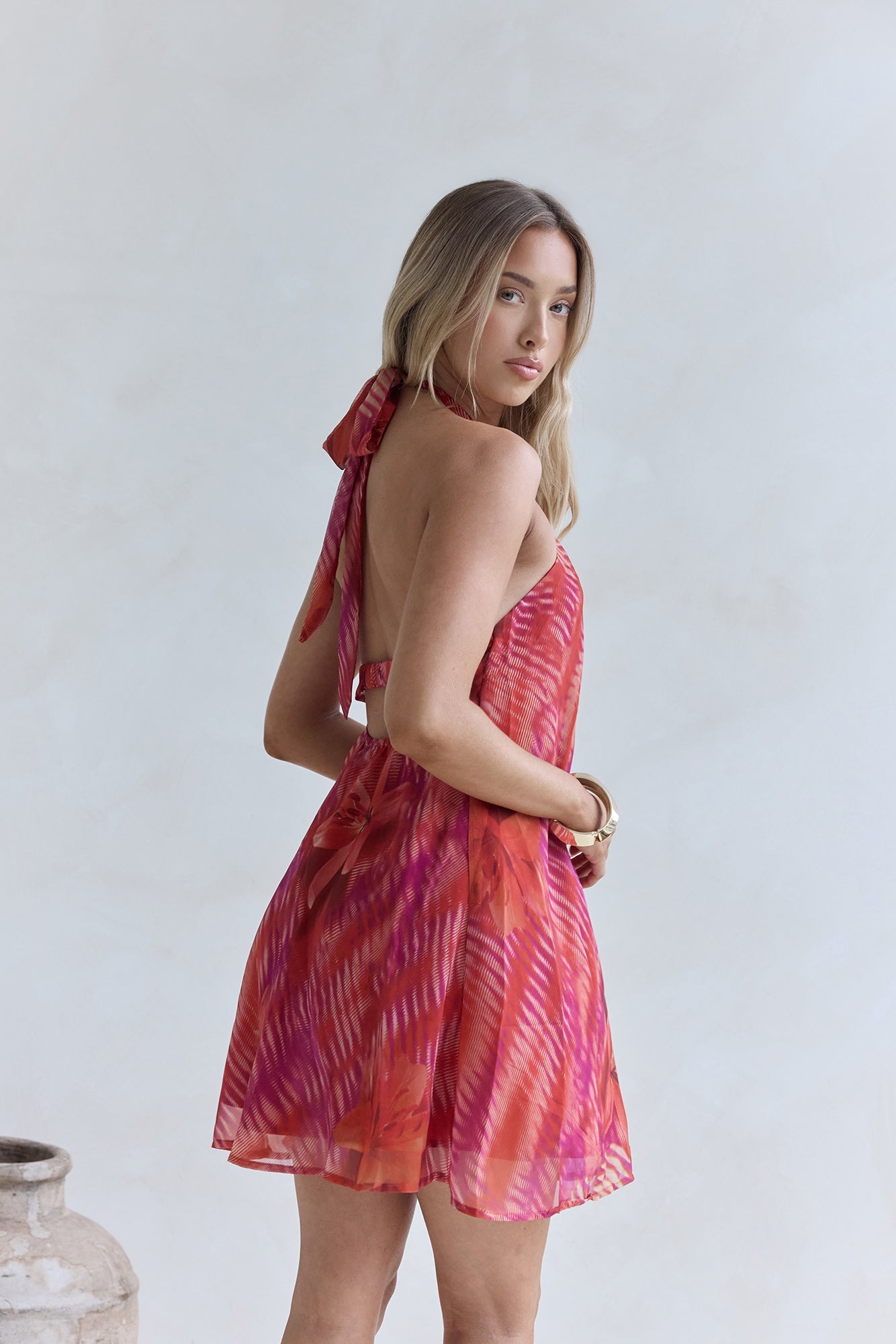 Sundown Palms Halter Mini Dress Orange
