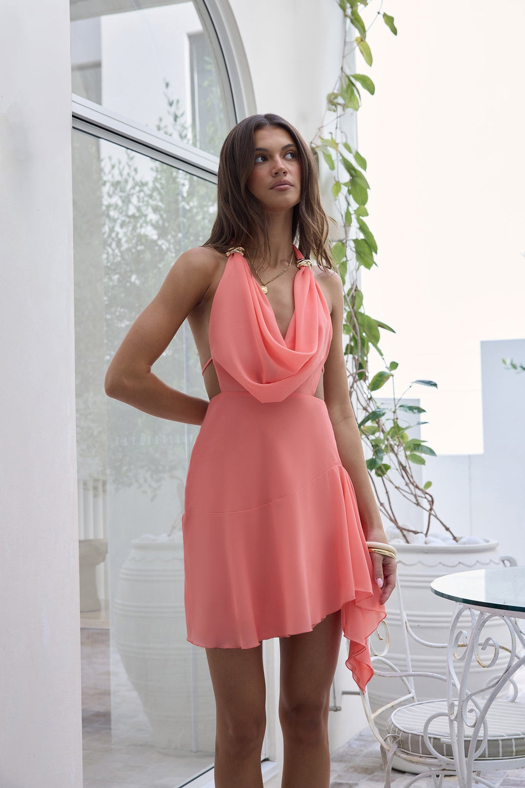 Gifted Hands Halter Mini Dress Coral