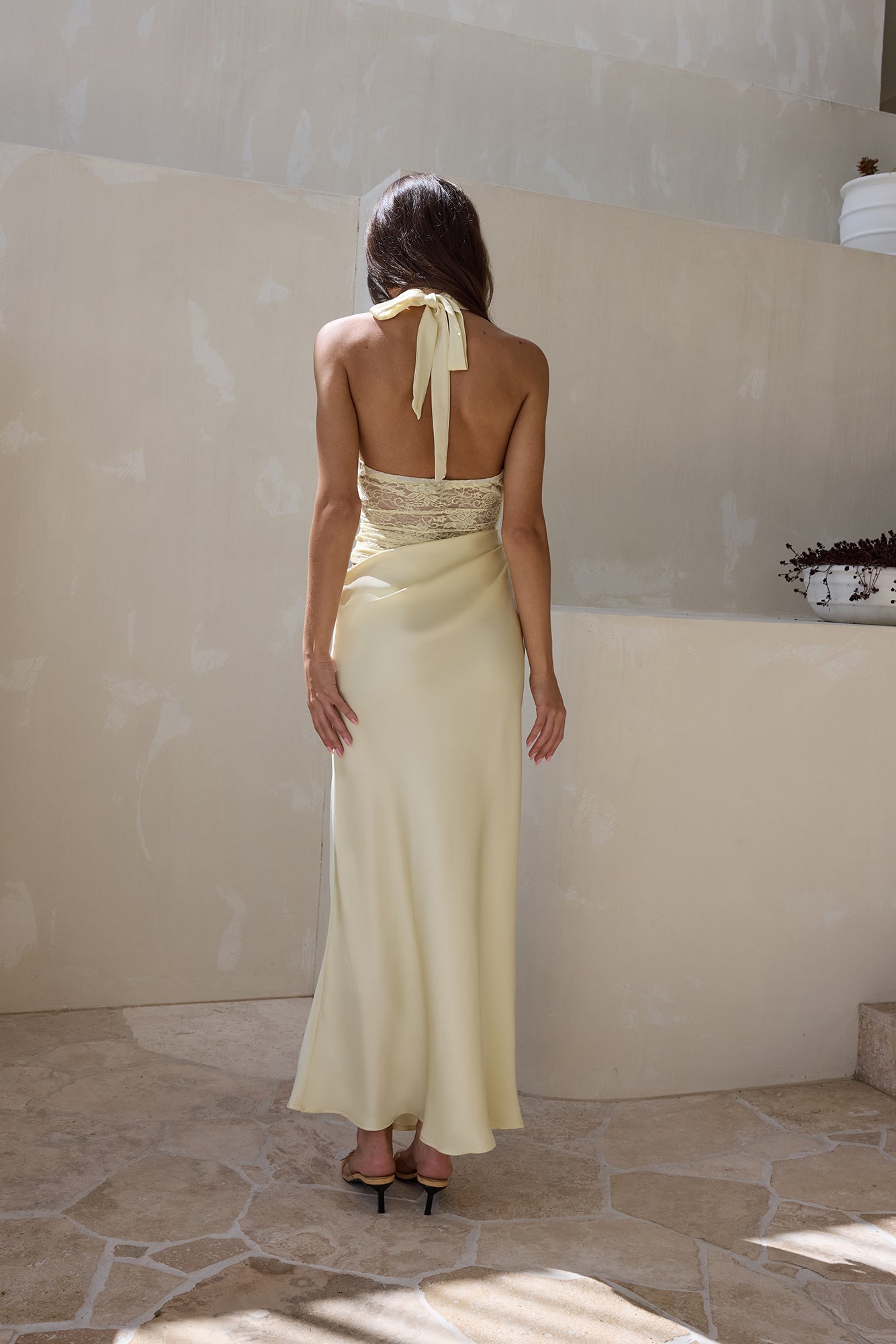Call Me Yours Lace Halter Satin Maxi Dress Lemon