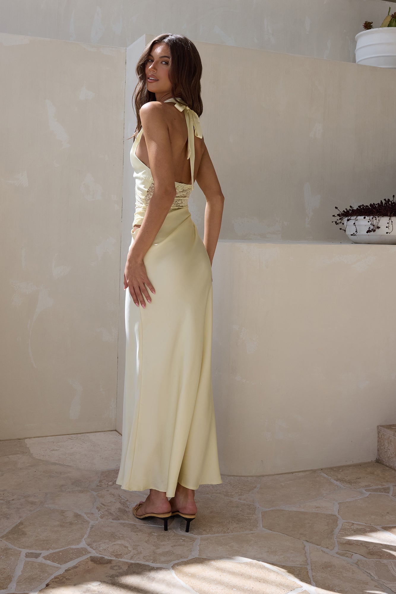 Call Me Yours Lace Halter Satin Maxi Dress Lemon