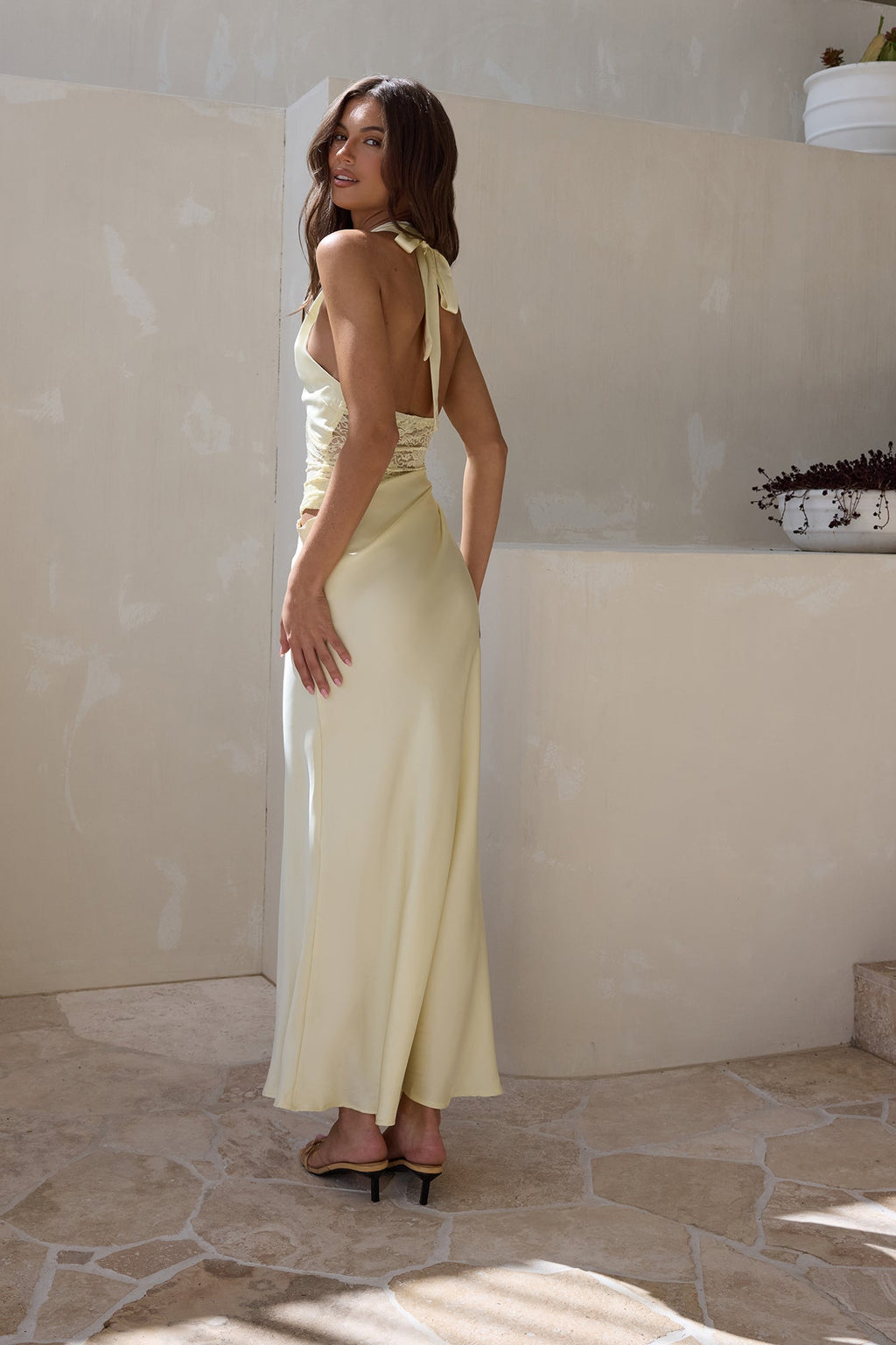Call Me Yours Lace Halter Satin Maxi Dress Lemon