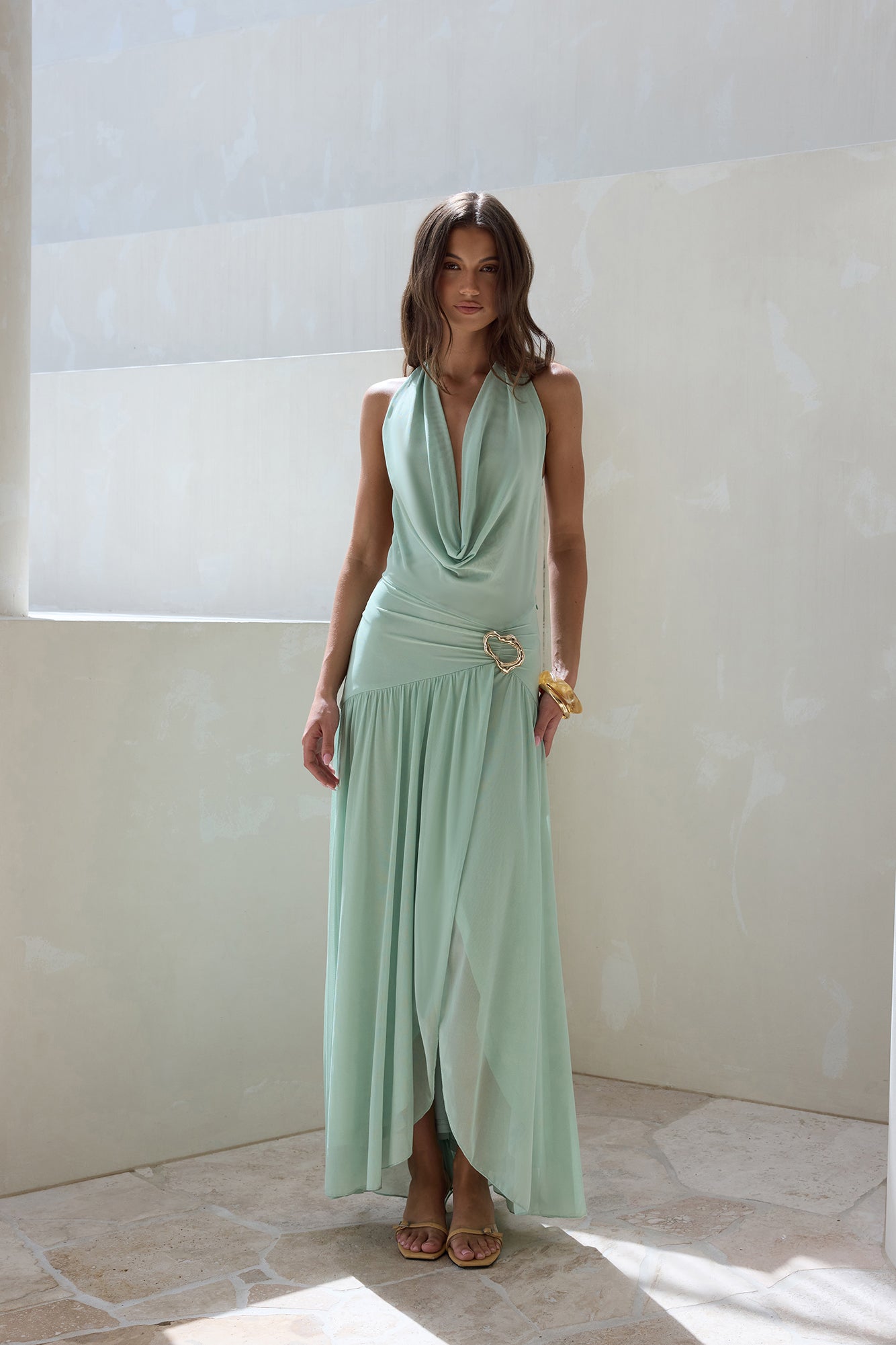 Floating Clouds Halter Mesh Maxi Dress Sage