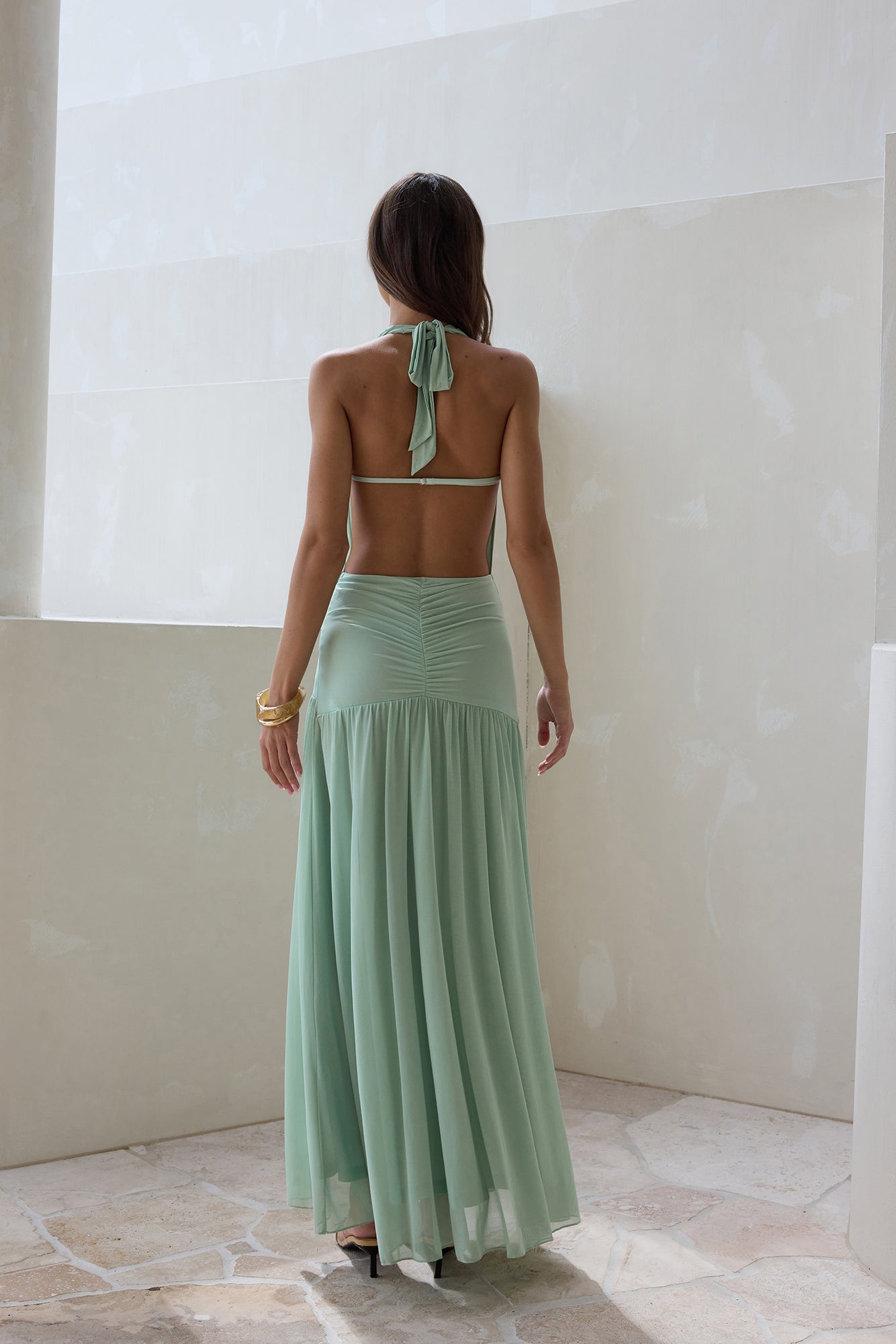 Floating Clouds Halter Mesh Maxi Dress Sage