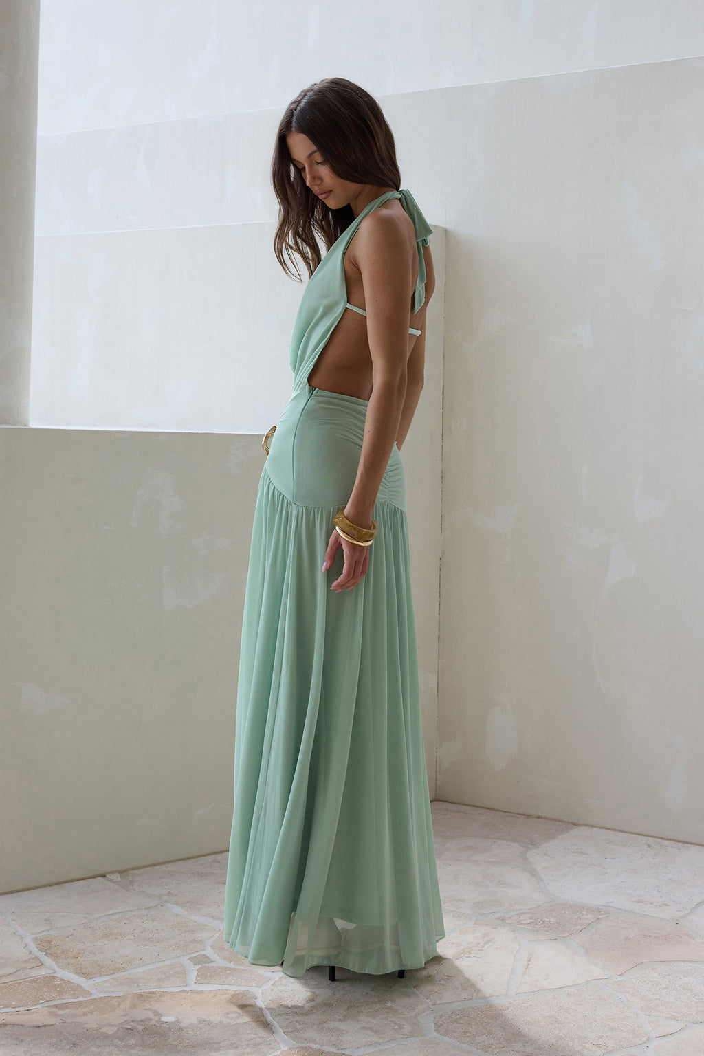 Floating Clouds Halter Mesh Maxi Dress Sage