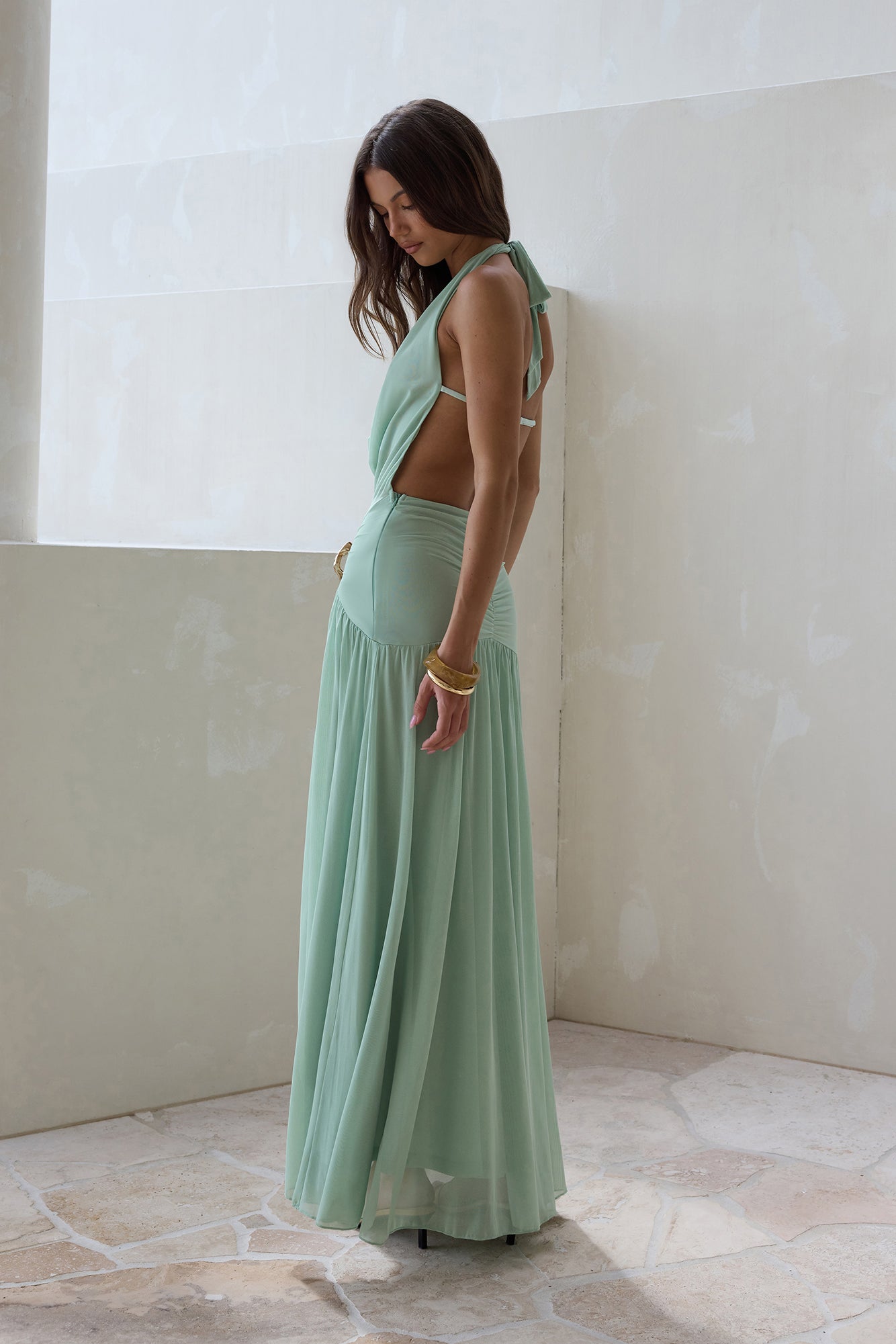 Floating Clouds Halter Mesh Maxi Dress Sage