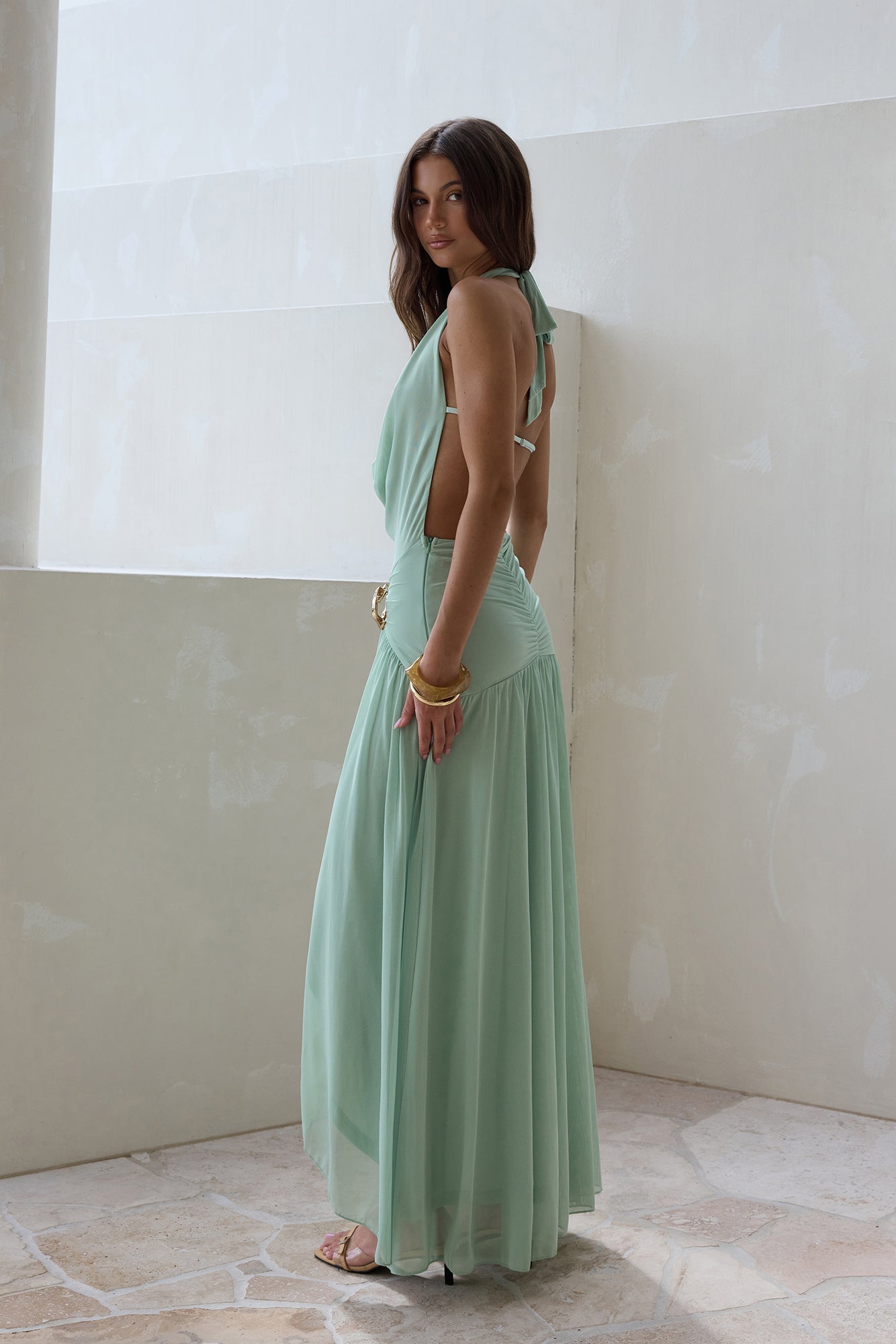 Floating Clouds Halter Mesh Maxi Dress Sage