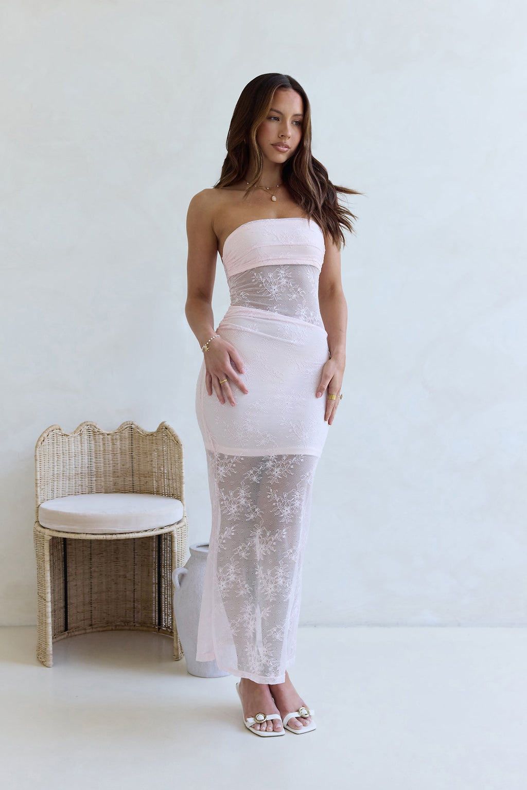 For The Lovers Lace Strapless Maxi Dress Pink