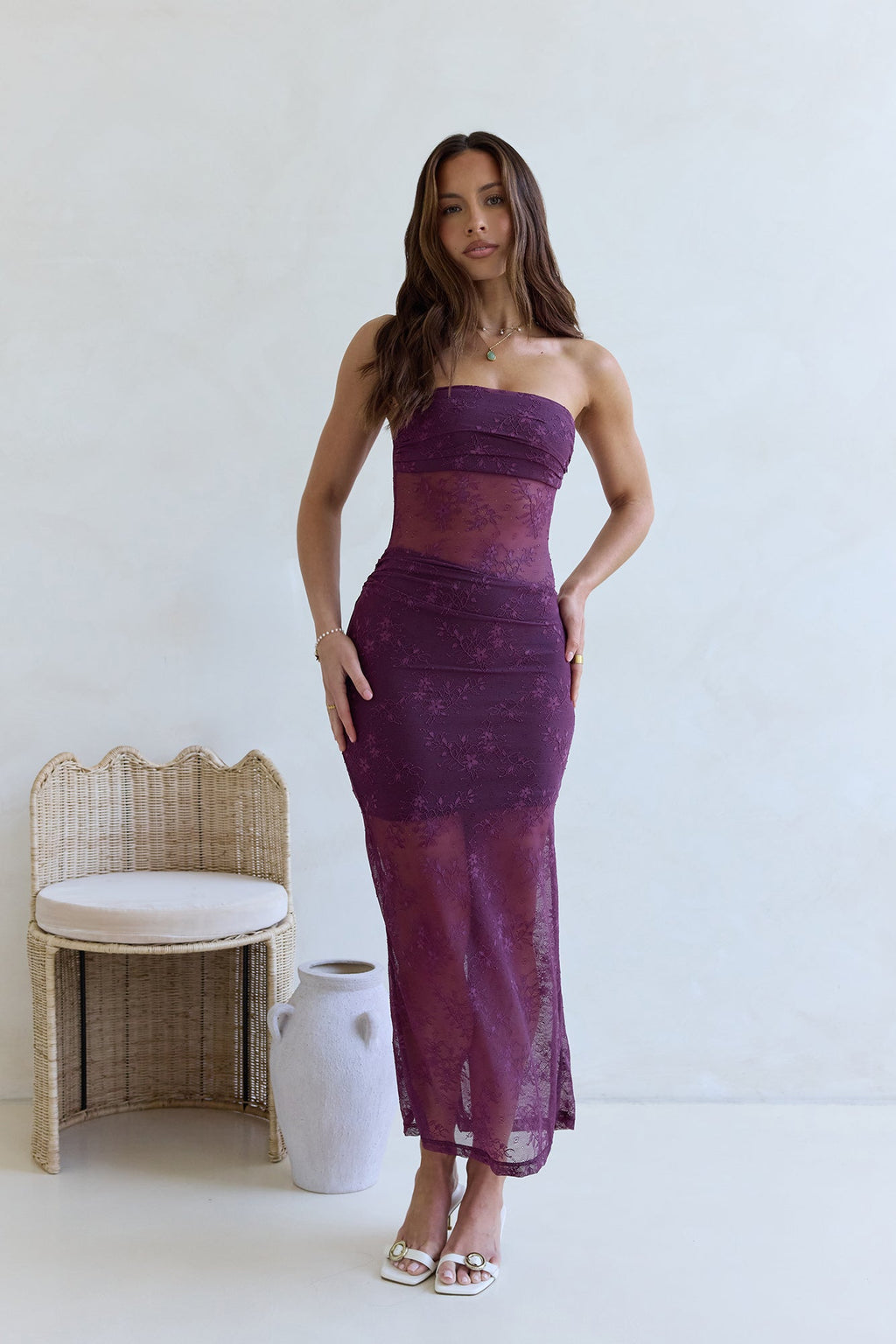 For The Lovers Lace Strapless Maxi Dress Plum
