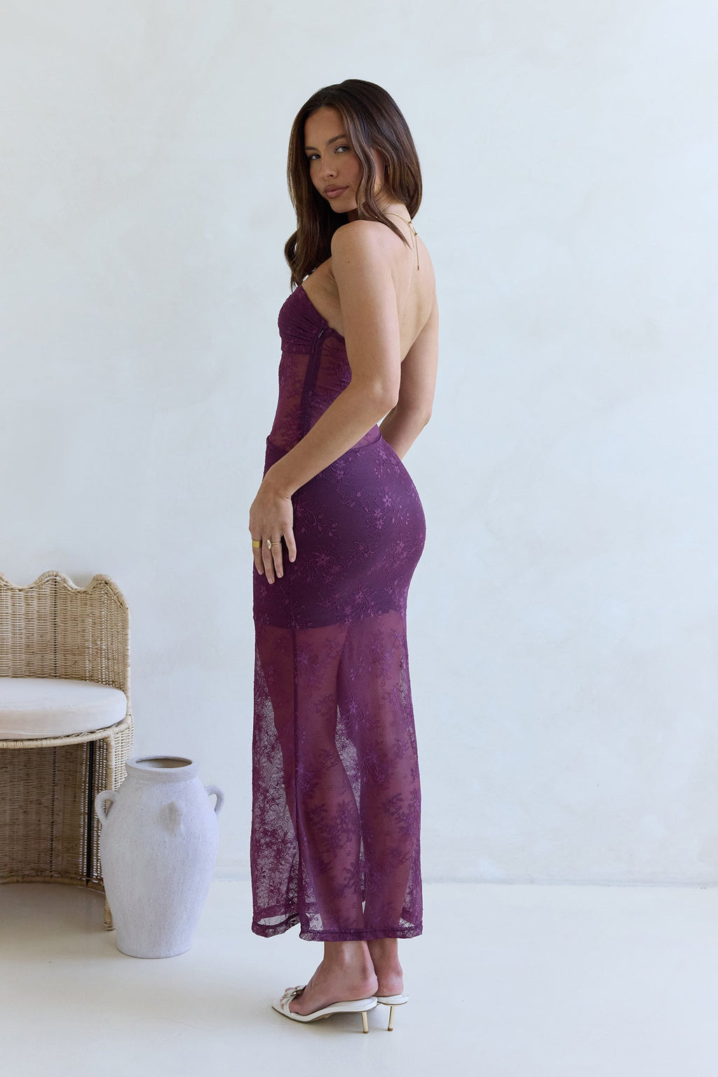 For The Lovers Lace Strapless Maxi Dress Plum