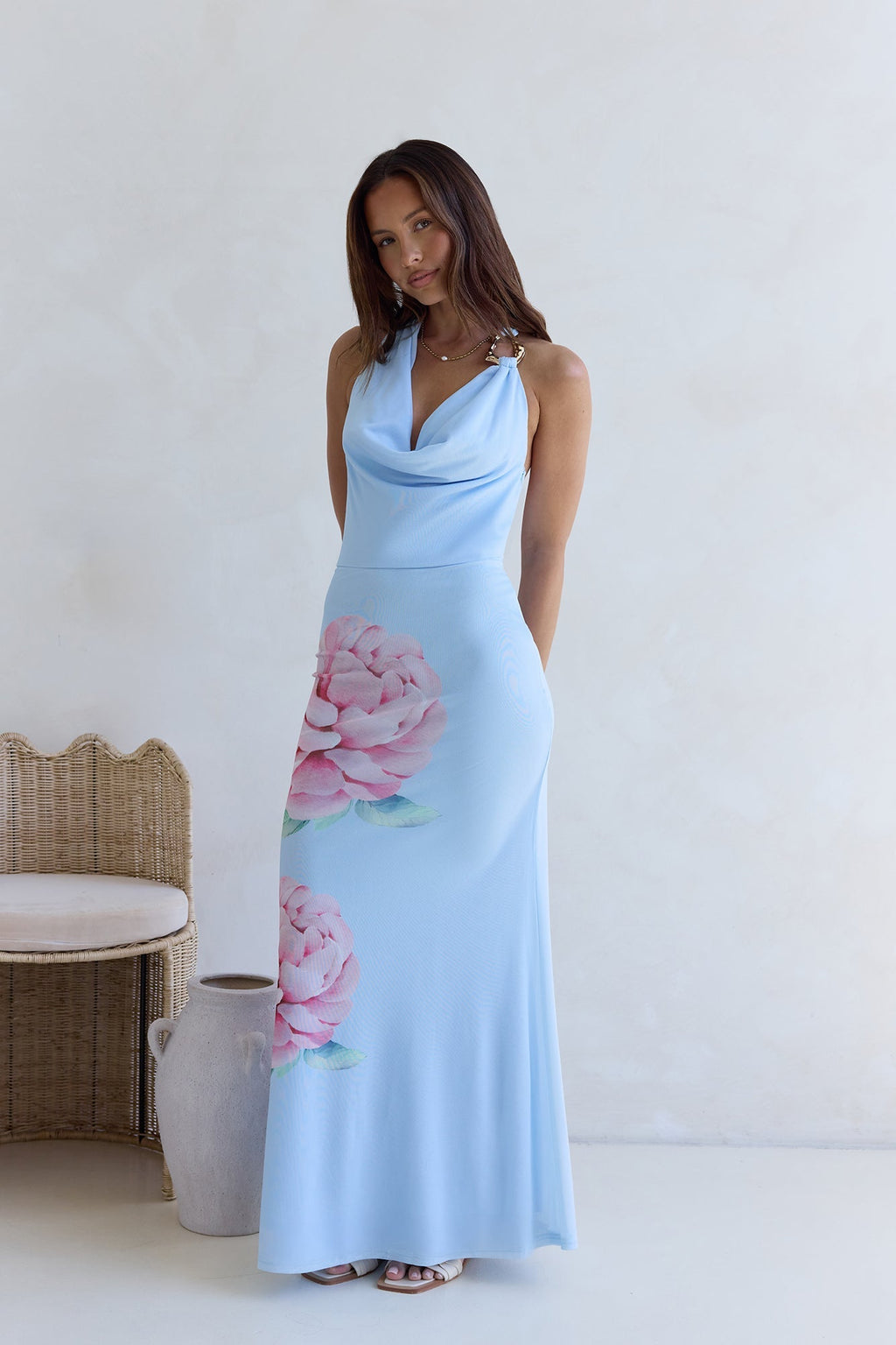 Truth Be Told Halter Mesh Maxi Dress Blue