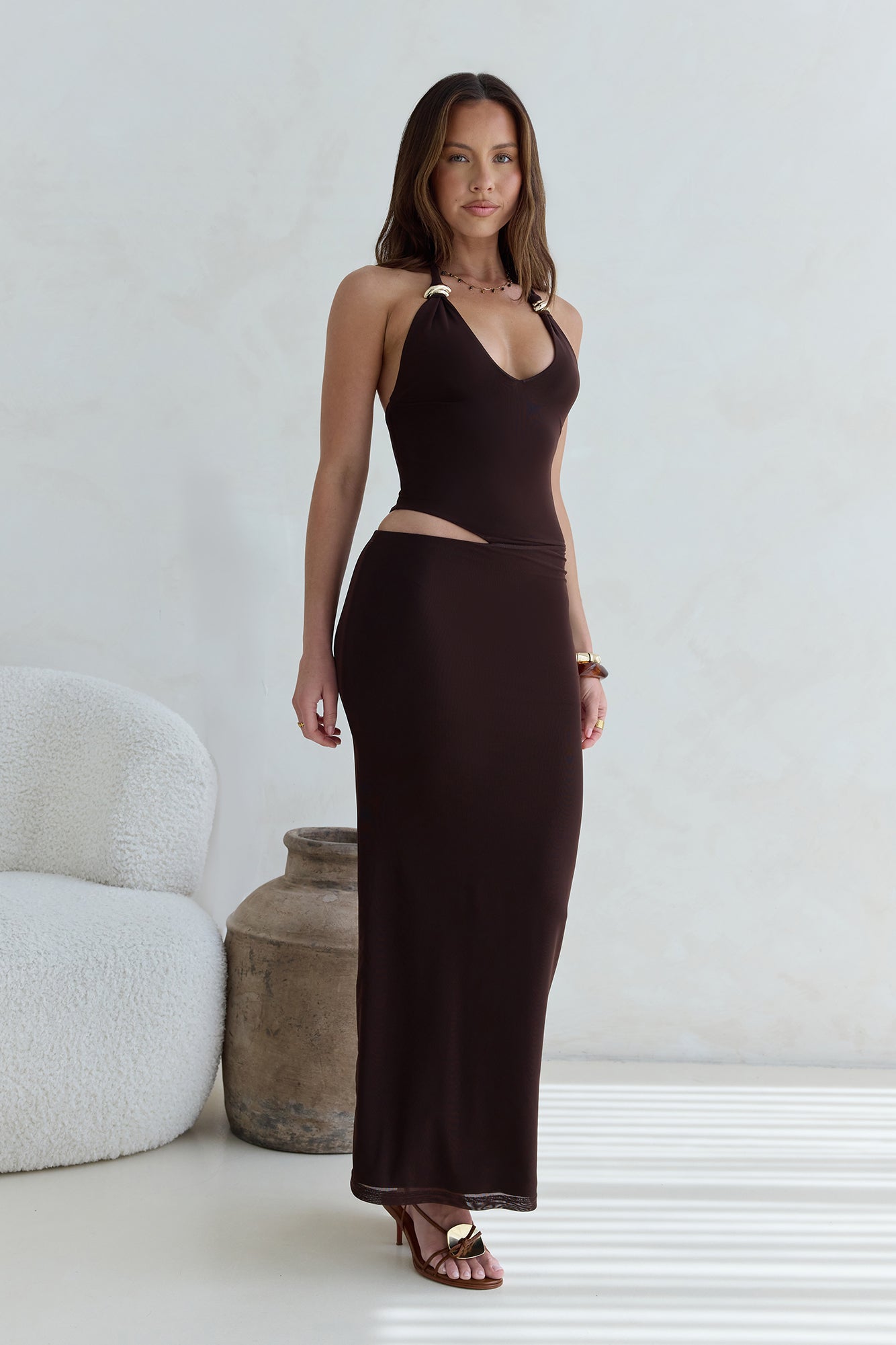 Whispers In The Dark Halter Mesh Maxi Dress Brown
