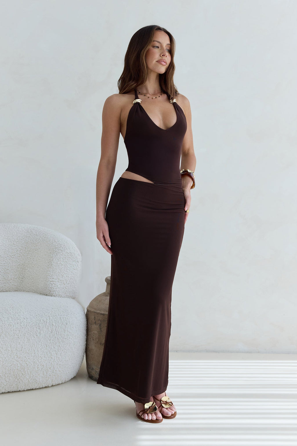 Whispers In The Dark Halter Mesh Maxi Dress Brown
