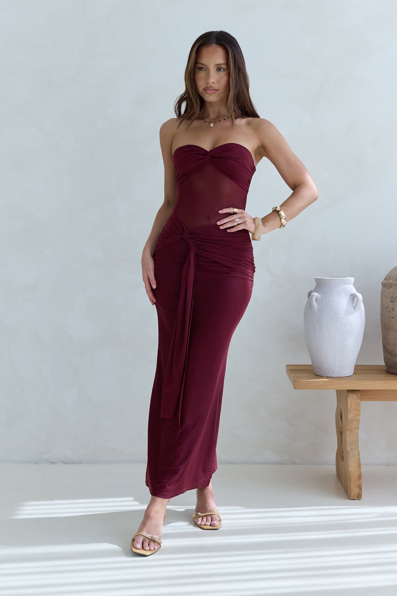 Caught Your Eye Mesh Strapless Maxi Dress Burgundy