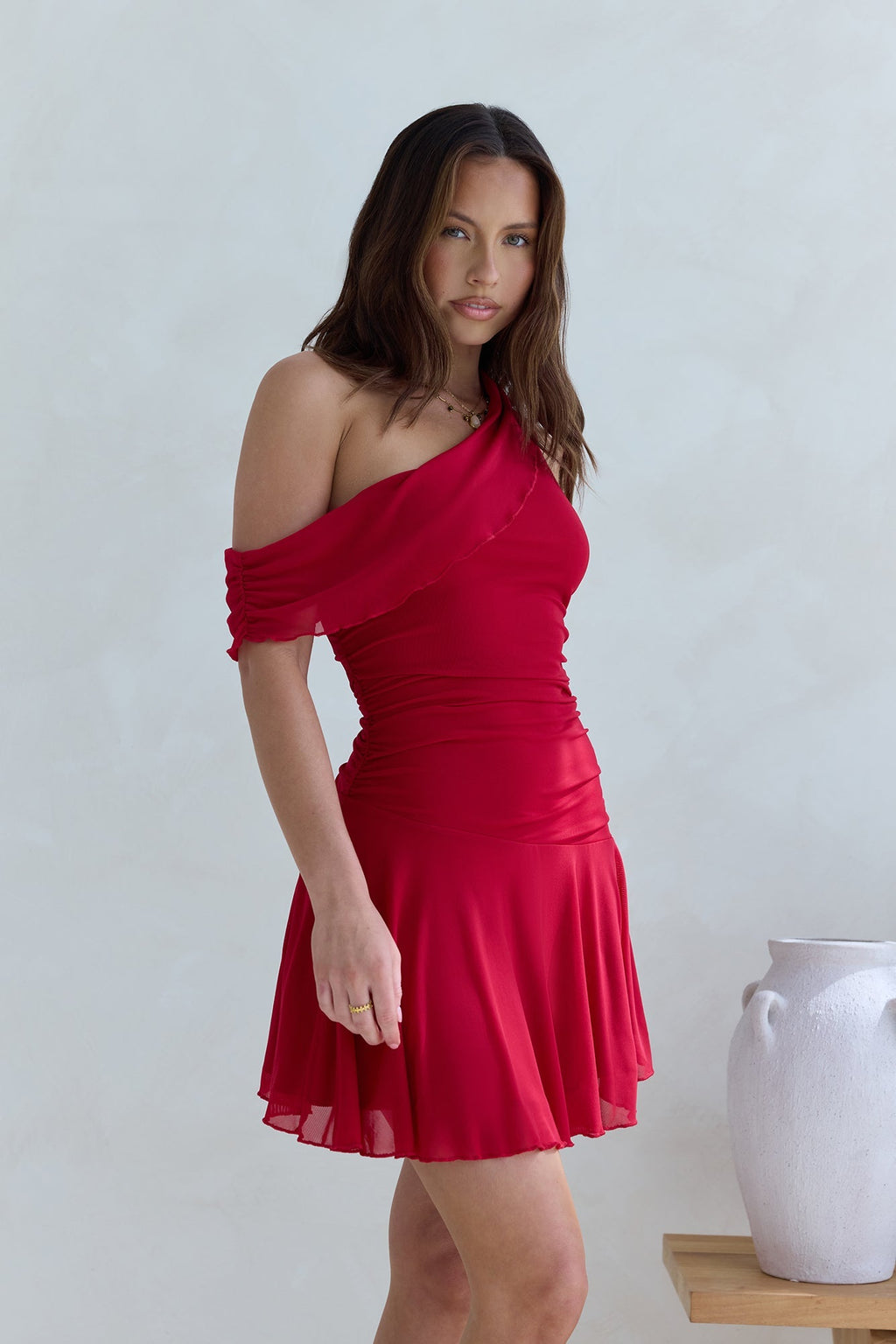 Promise To You One Shoulder Mesh Mini Dress Red