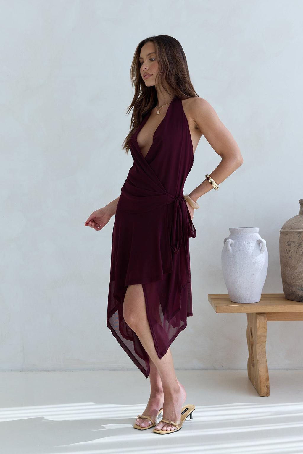 Starry Dreams Halter Mesh Mini Dress Burgundy