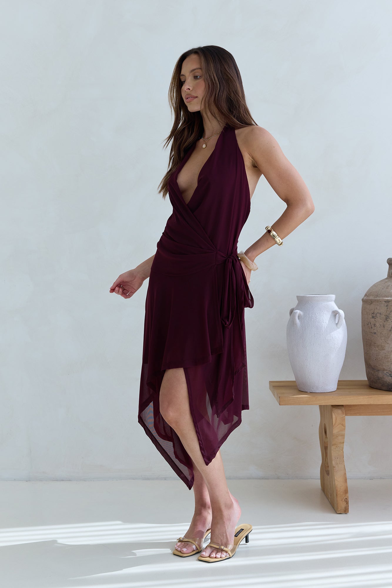 Starry Dreams Halter Mesh Mini Dress Burgundy