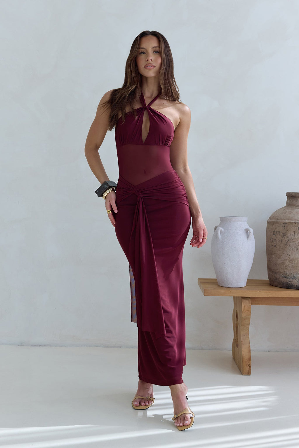 Taste Of Luxe Halter Mesh Maxi Dress Burgundy