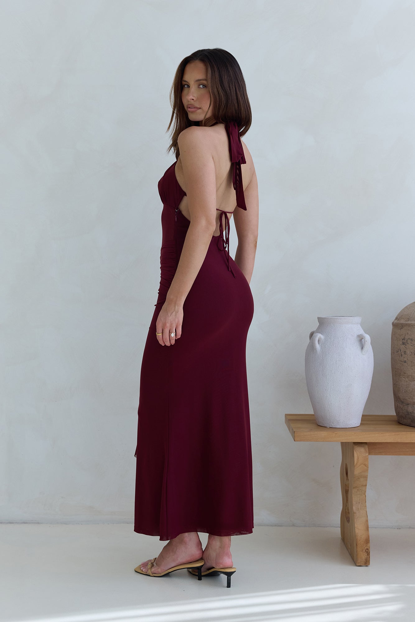 Taste Of Luxe Halter Mesh Maxi Dress Burgundy
