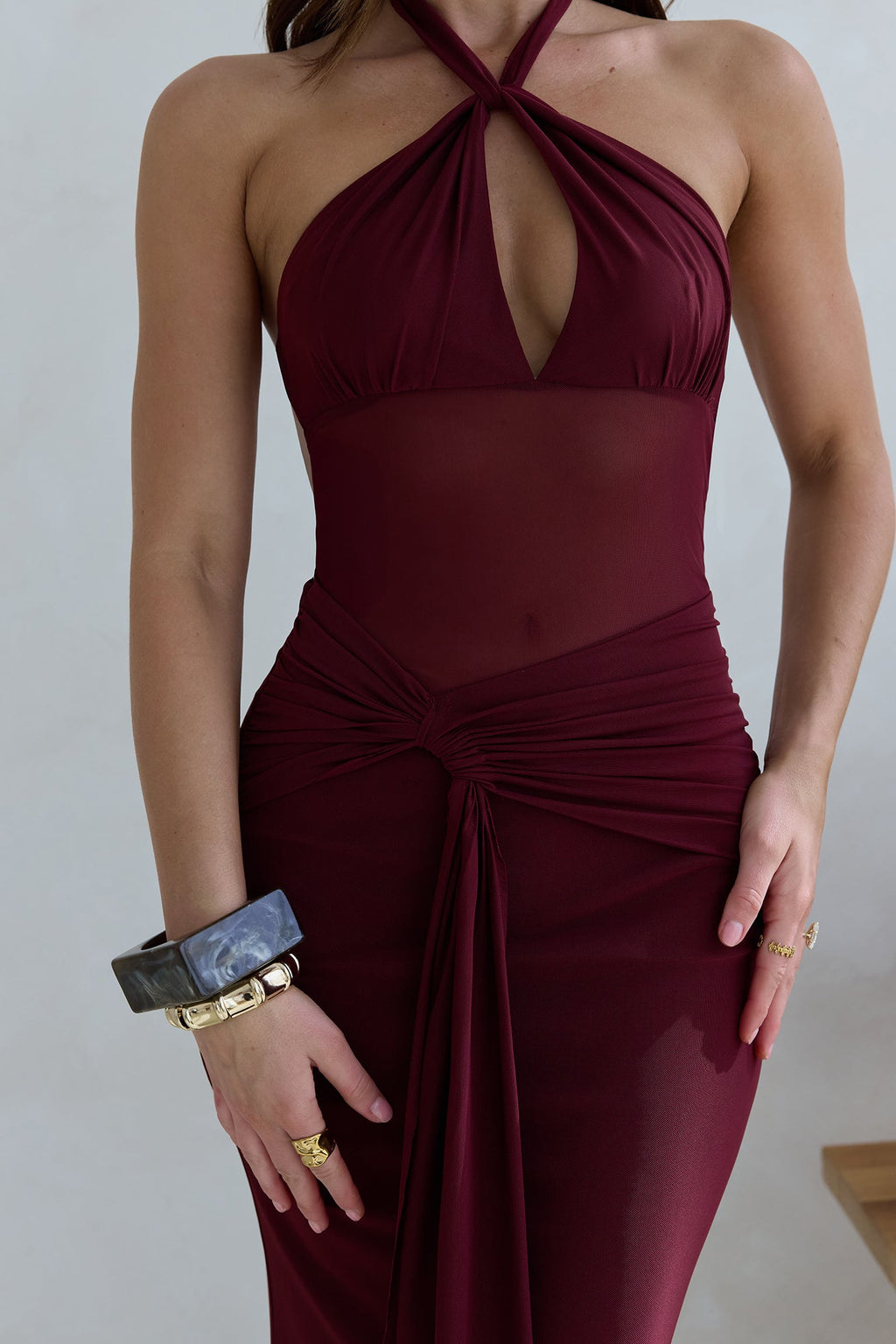 Taste Of Luxe Halter Mesh Maxi Dress Burgundy