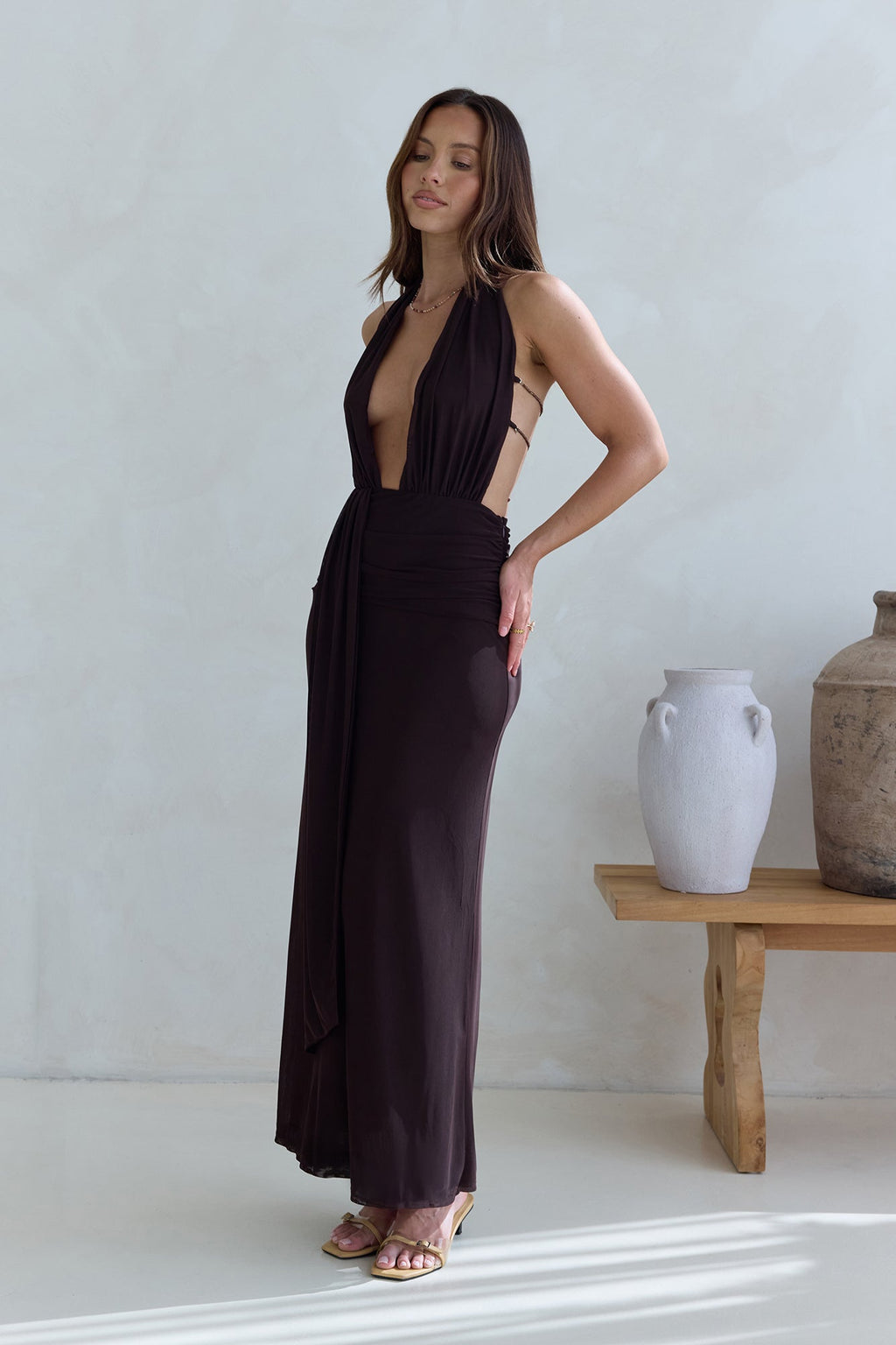 Make Your Mark Mesh Halter Maxi Dress Brown