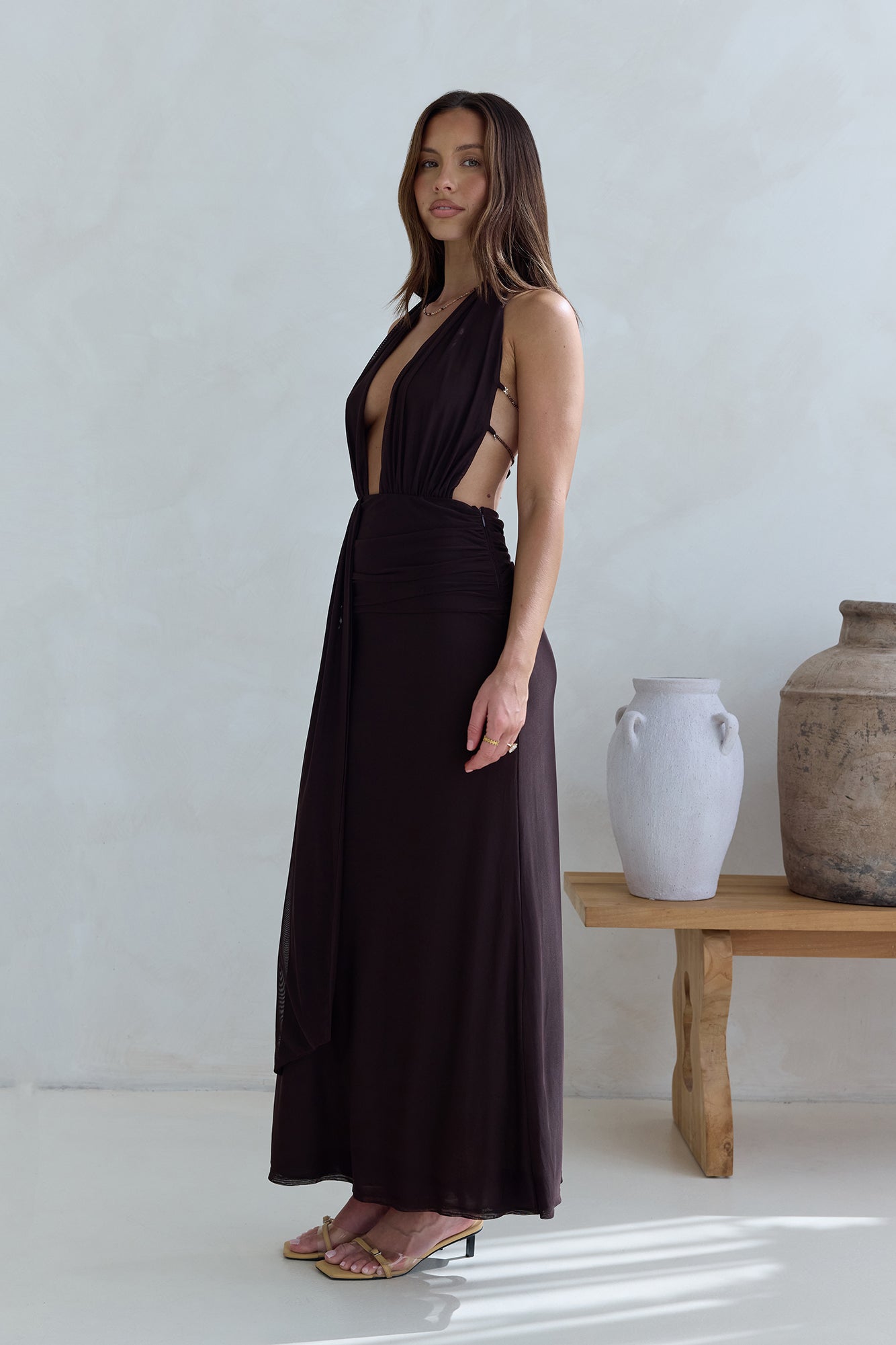 Make Your Mark Mesh Halter Maxi Dress Brown