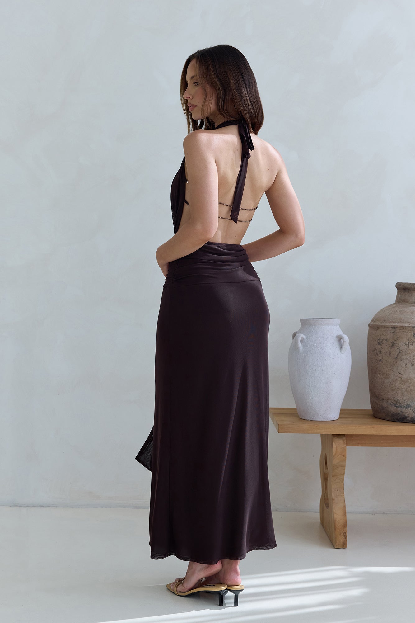 Make Your Mark Mesh Halter Maxi Dress Brown