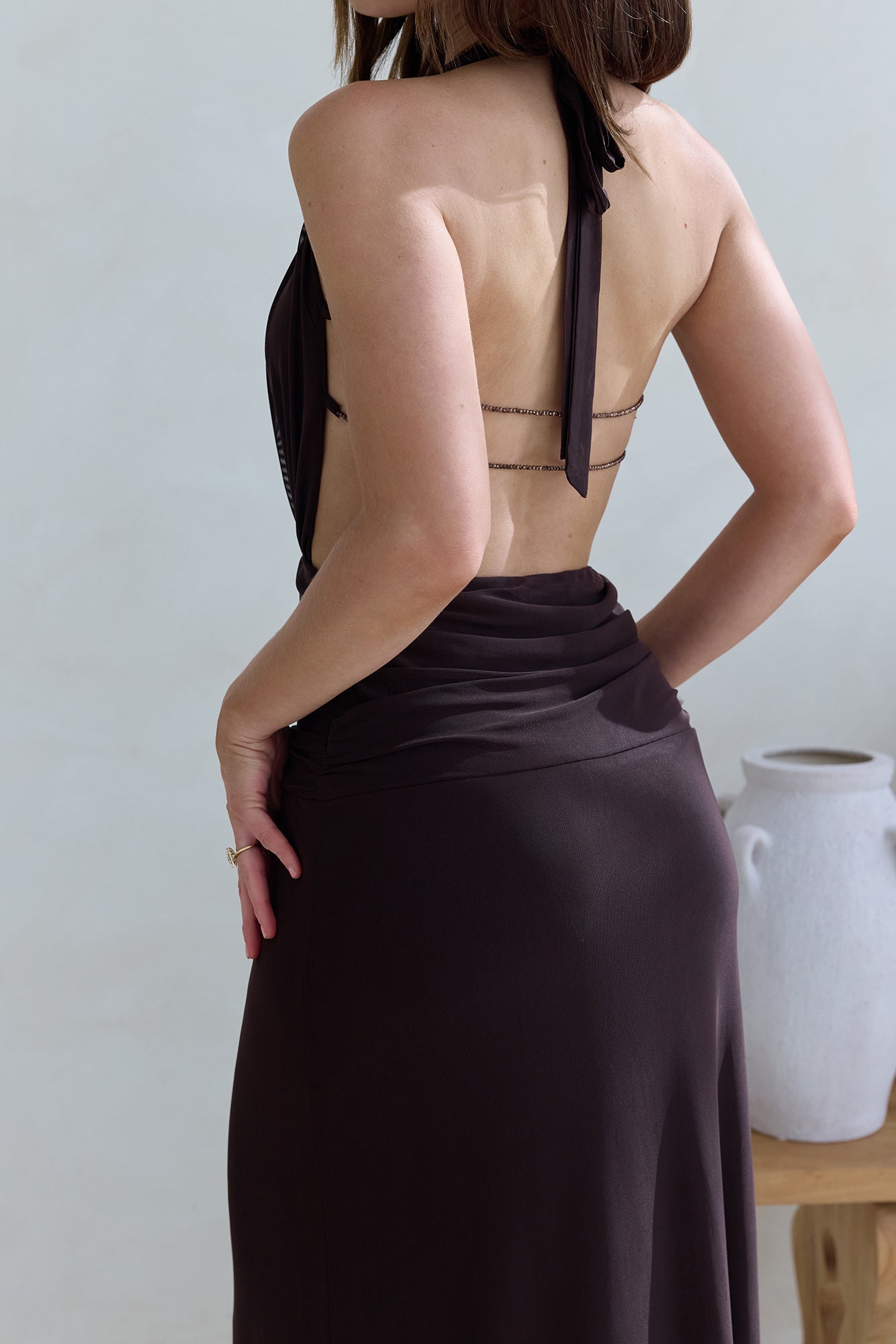 Make Your Mark Mesh Halter Maxi Dress Brown