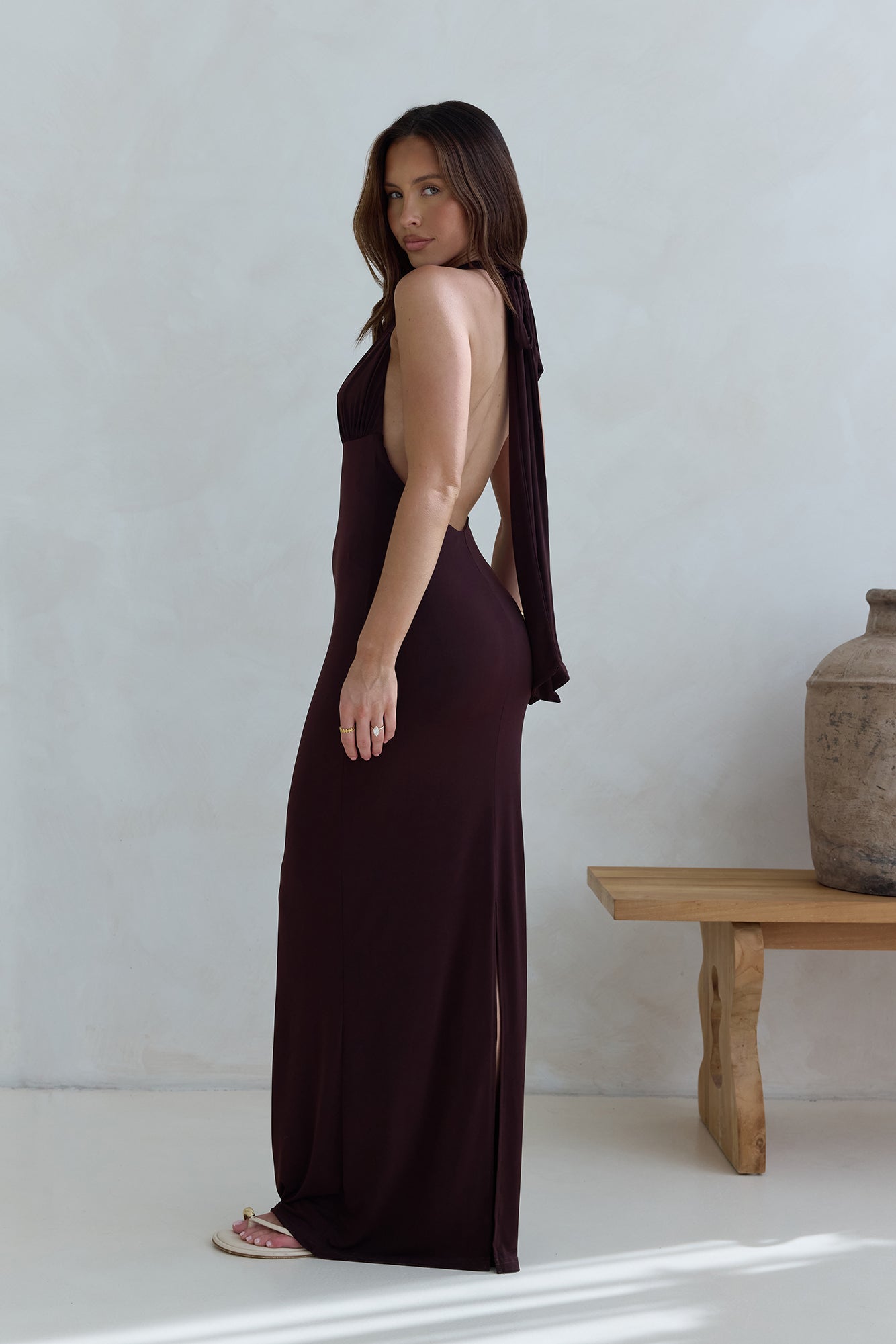 Iconic Evening Halter Maxi Dress Brown
