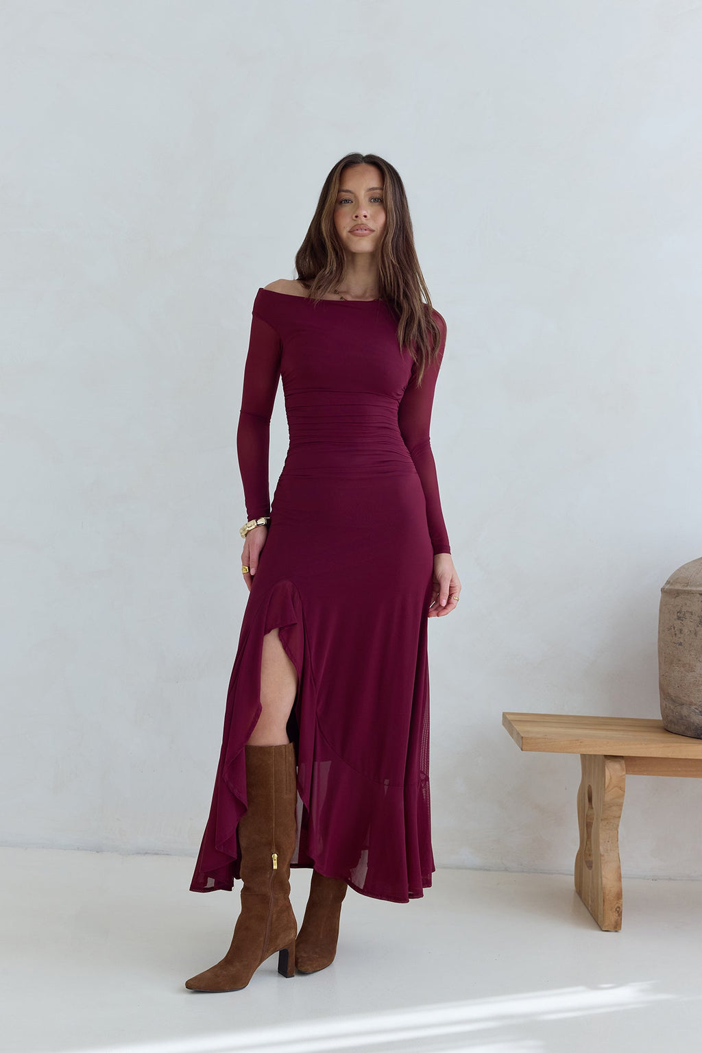 Whispered Secrets Mesh Long Sleeve Maxi Dress Wine