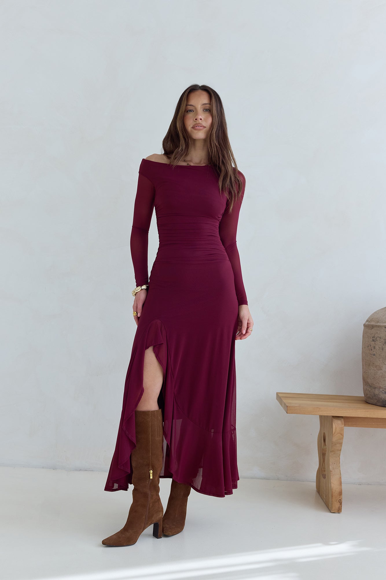 Whispered Secrets Mesh Long Sleeve Maxi Dress Wine