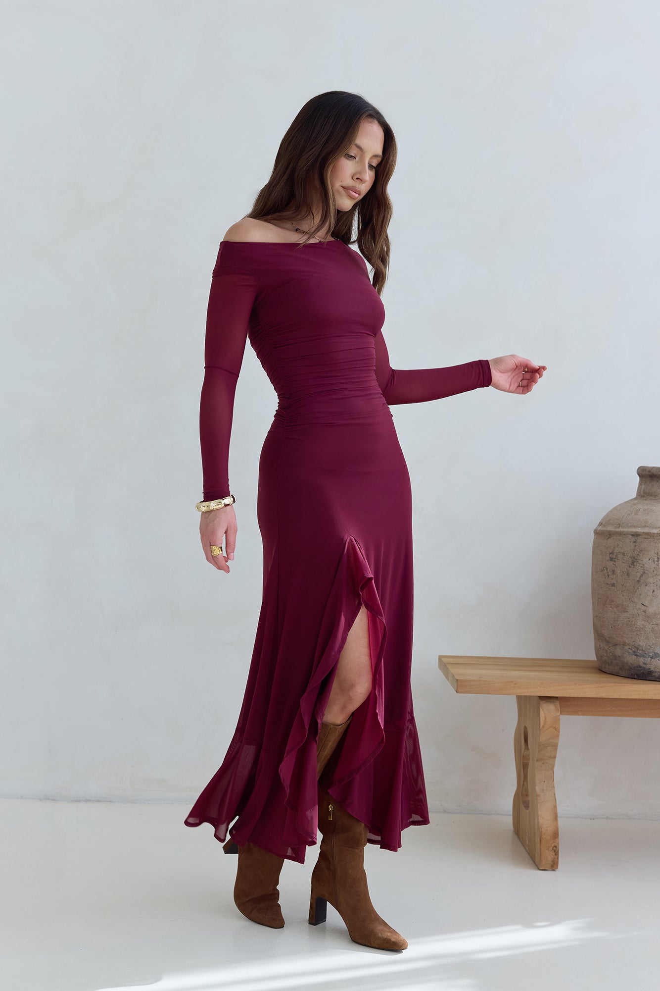 Whispered Secrets Mesh Long Sleeve Maxi Dress Wine