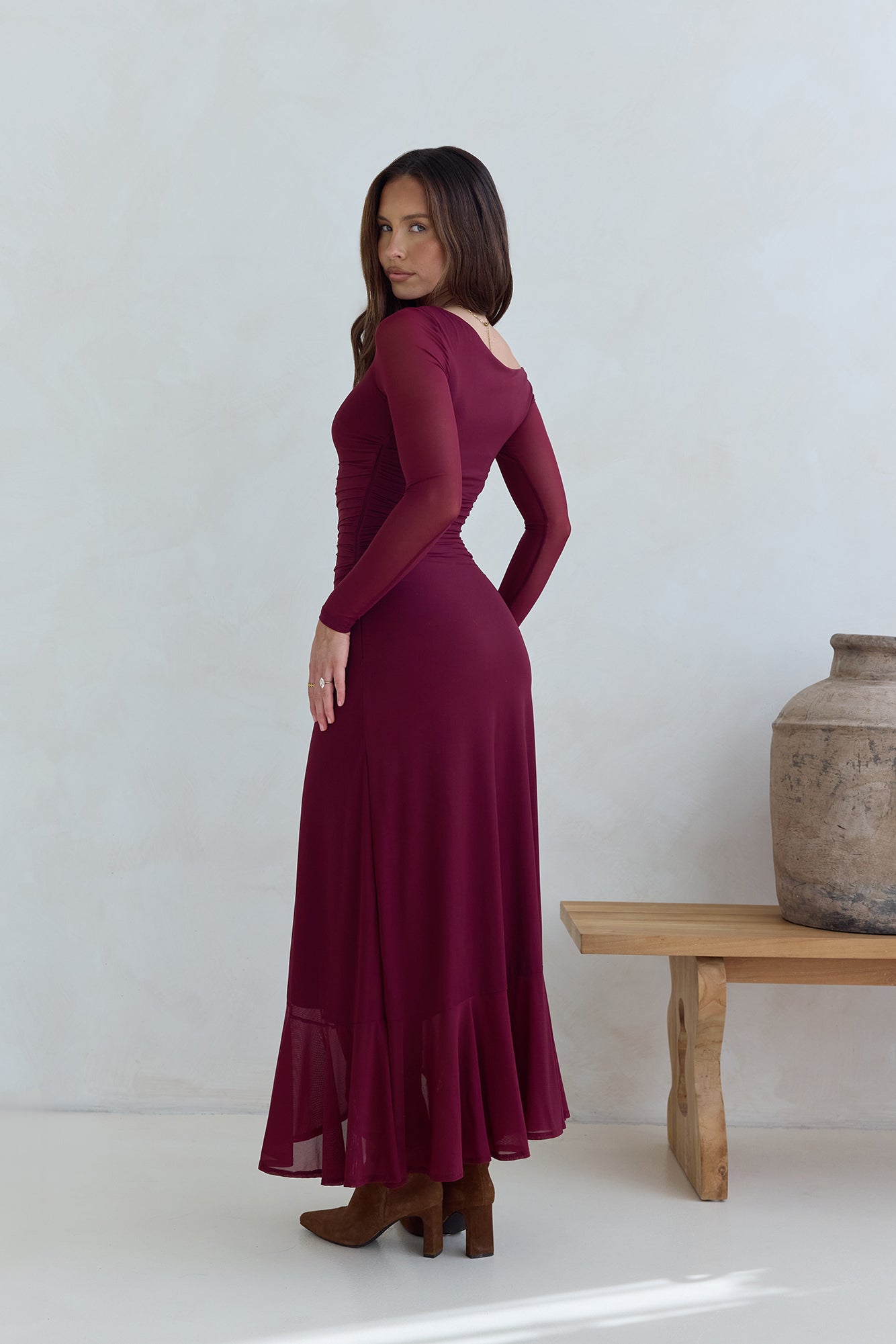 Whispered Secrets Mesh Long Sleeve Maxi Dress Wine